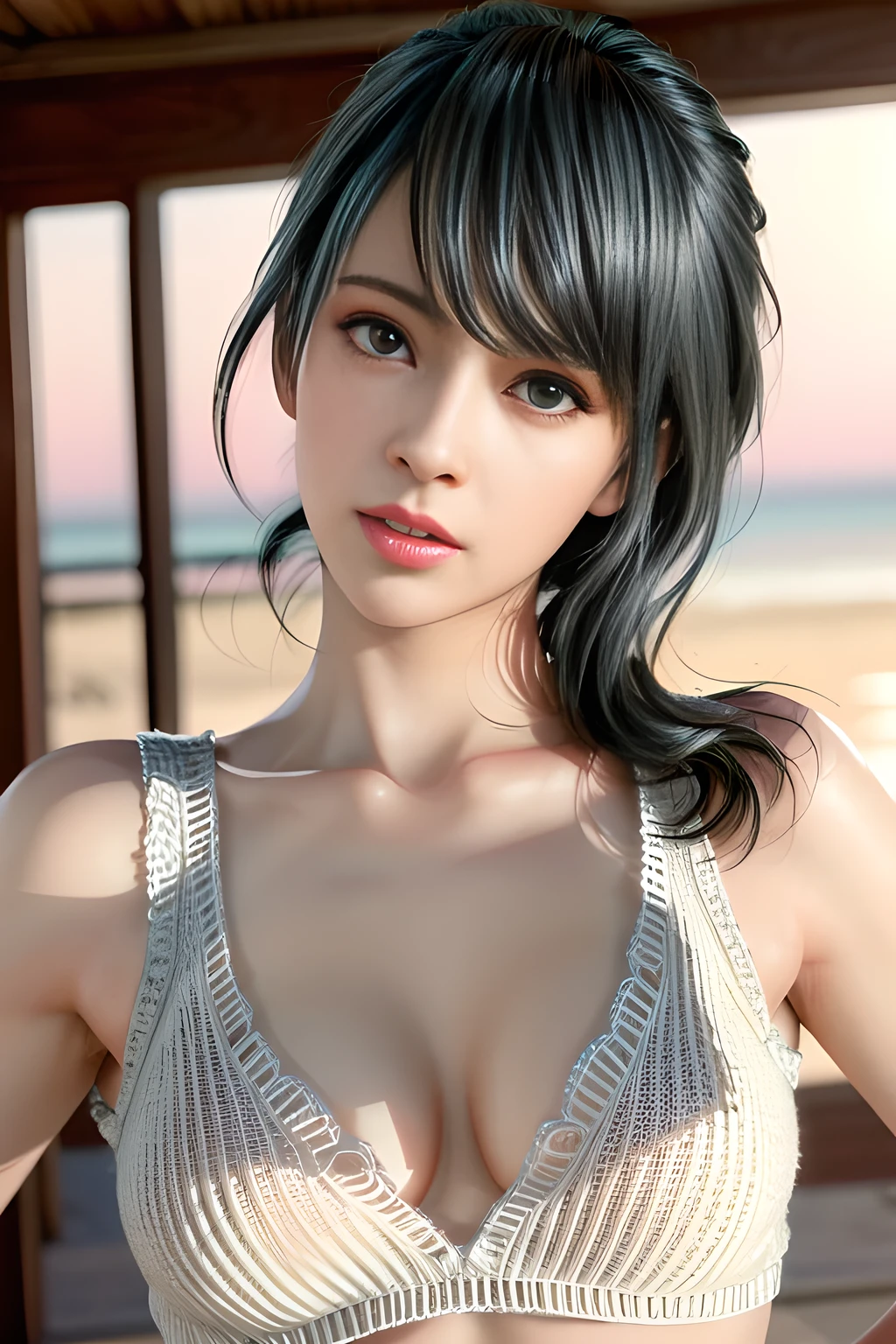 1girl, (best quality,4k,8k,highres,masterpiece:1.2),ultra-detailed,(realistic,photorealistic,photo-realistic:1.37), detailed eyes, detailed nose, detailed lips, sexy, top-down perspective, low-cut fluffy knitted white dress, elegant, detailed texture, warm fabric, under lighting, tamaki