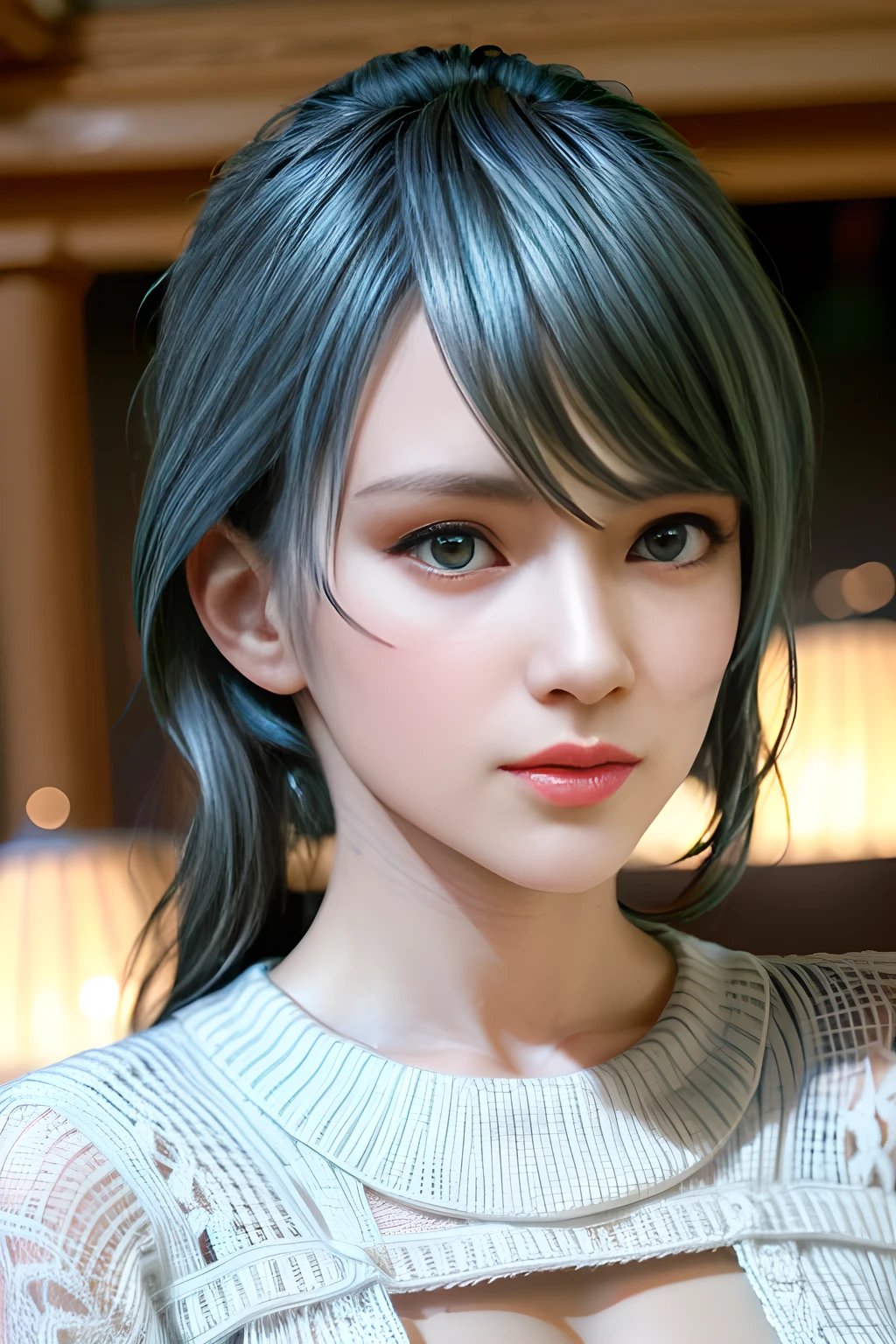 1girl, (best quality,4k,8k,highres,masterpiece:1.2),ultra-detailed,(realistic,photorealistic,photo-realistic:1.37), detailed eyes, detailed nose, detailed lips, sexy, top-down perspective, low-cut fluffy knitted white dress, elegant, detailed texture, warm fabric, under lighting, tamaki
