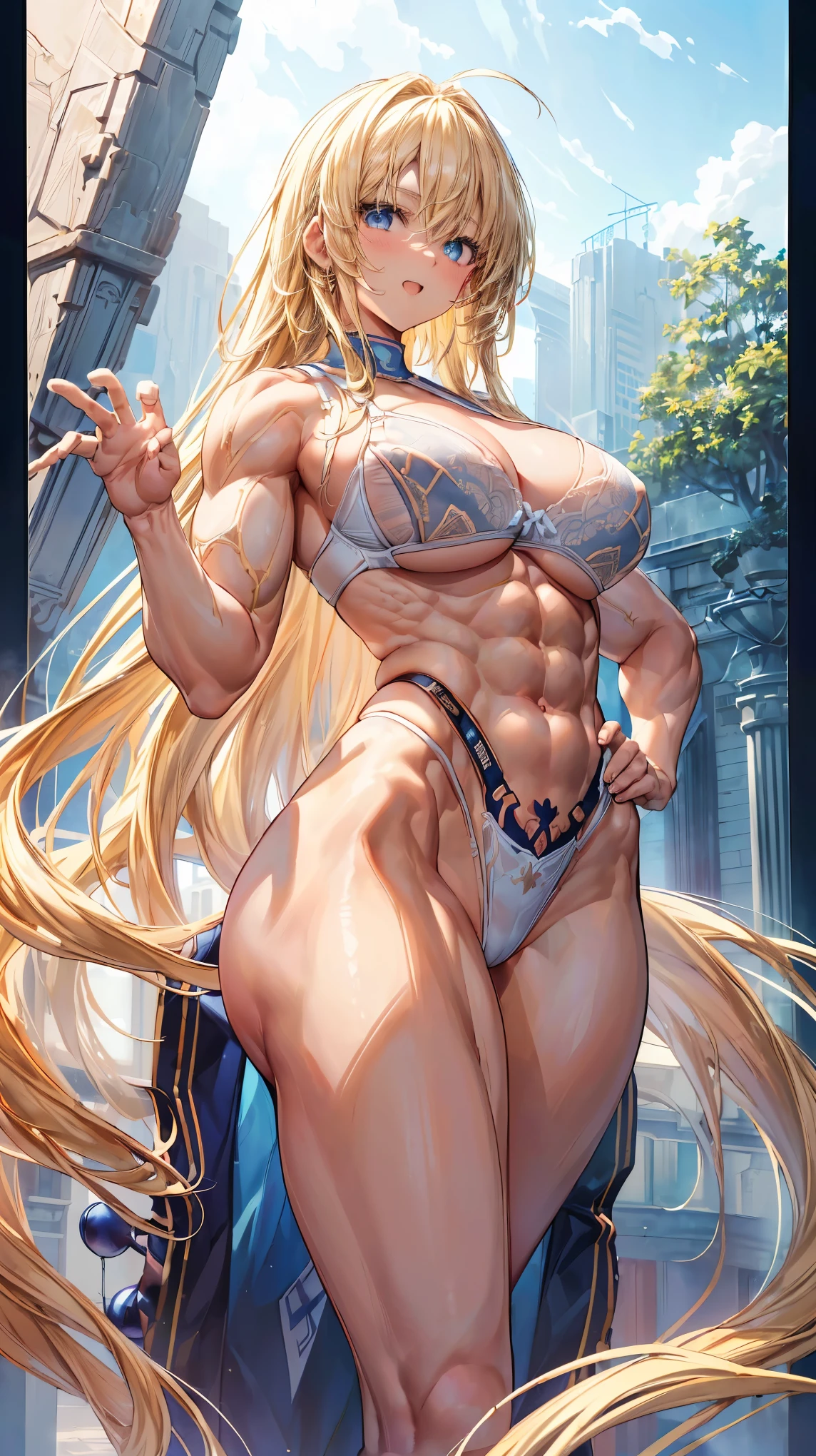 Very detailed、highest quality、Best image quality、masterpiece、8k、Anime Face、A kind smile、(Open your mouth:1.3)、Sparkling blue eyes、(Blonde semi-long hair:1.5)、(Muscles of the whole body:1.3)、(highleg:2.0)、Thigh belt、(Cowboy Shot:1.5)、(SFW Giant)、(Thick body:1.2)、(bra:1.5)、(sxspnts)、(Hands on hips:1.1)