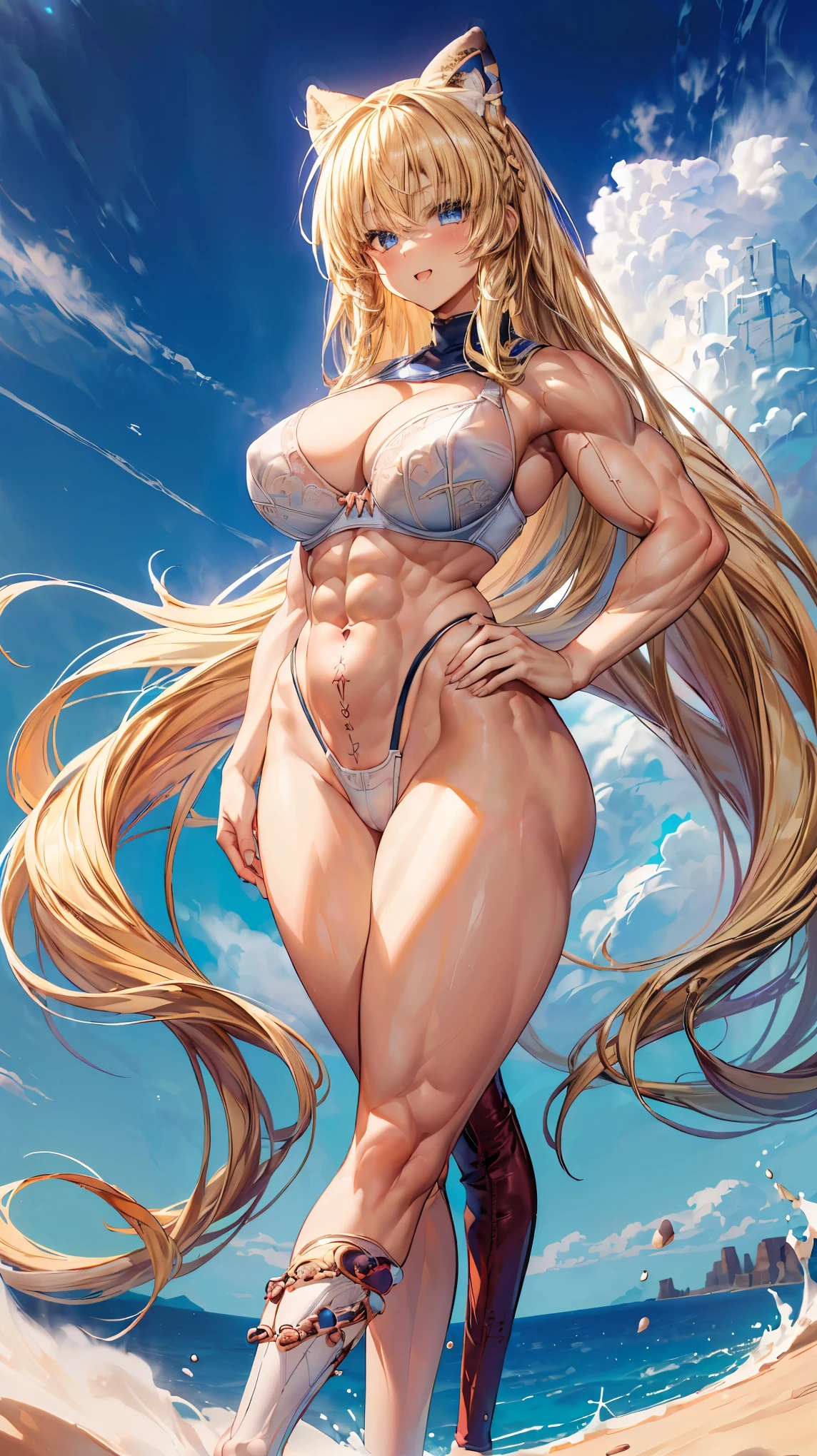 Very detailed、highest quality、Best image quality、masterpiece、8k、Anime Face、A kind smile、(Open your mouth:1.3)、Sparkling blue eyes、(Blonde semi-long hair:1.5)、(Muscles of the whole body:1.3)、(highleg:2.0)、Thigh belt、(Cowboy Shot:1.5)、(SFW Giant)、(Thick body:1.2)、(bra:1.5)、(sxspnts)、(Hands on hips:1.1)