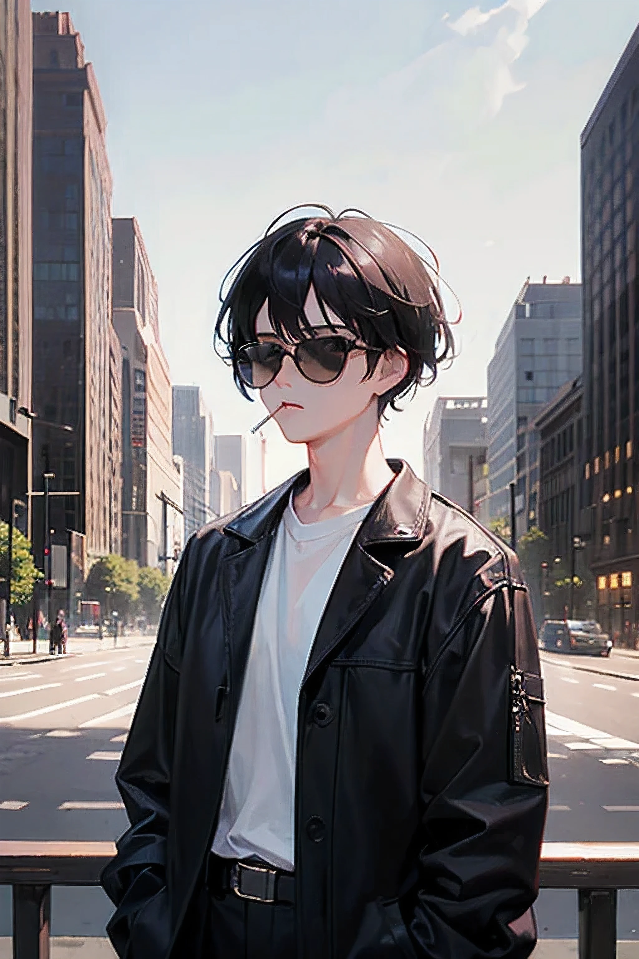 (masterpiece), best quality, expressive eyes, perfect face, Toji Fushiguro, 1guy, solo, black hair, pistol, sunglasses, cigarette, bigcity background, no posing, standing, upper body, portrait, looking away