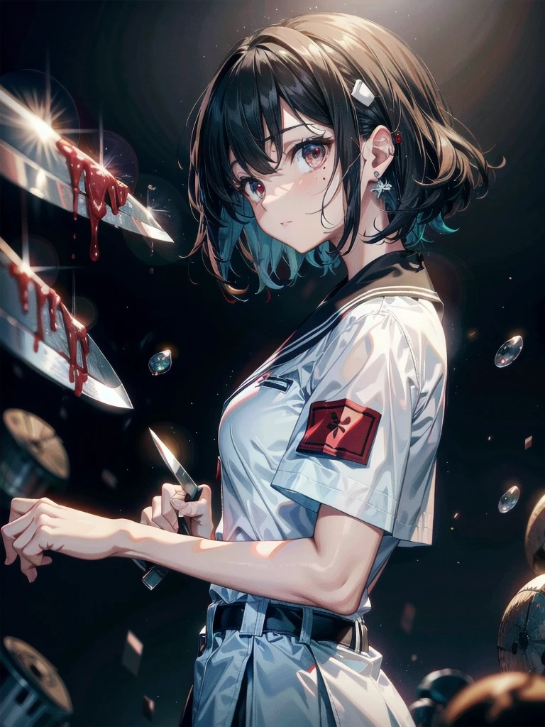whole body, (Blood droplets), (blood), blood splatter, blood on clothes, blood stain, hospital, nurse uniform, have a knife, cadaver, (desolation), anxiety, absurdres, RAW photo, extremely delicate and beautiful, masterpiece, Best Quality, ultra high resolution, 32k, hyperrealistic, ultra-detailed, detailed description, pale skin, 20 years old, tearful mole, earring, Colossal tits, short medium hair, wavy hair, 