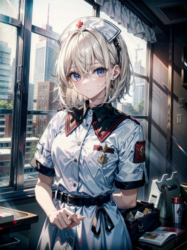 whole body, (Blood droplets), (blood), blood splatter, blood on clothes, blood stain, hospital, nurse uniform, have a knife, cadaver, (desolation), anxiety, absurdres, RAW photo, extremely delicate and beautiful, masterpiece, Best Quality, ultra high resolution, 32k, hyperrealistic, ultra-detailed, detailed description, pale skin, 20 years old, tearful mole, earring, Colossal tits, short medium hair, wavy hair, 
