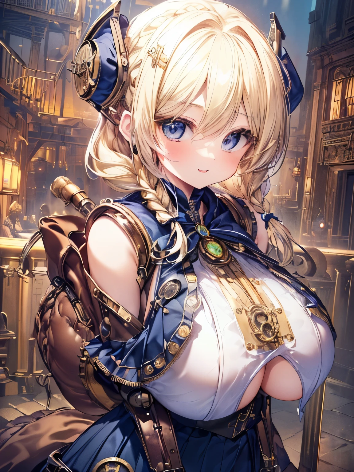 Masterpiece,Best Quality,(Super Detail),Perfect Lighting, Highly detailed CG,Super detailed,(Highly detailed eyes,Very cute face,Highly detailed face:1.3),Beautiful Anime Girl,(Solo Girl),(Super huge boobs:1.9),(Sensual,Glamorous:1.7),(Blonde,Shoulder-length medium hair,Twin braids,Let your hair hang forward:1.5),(Big light blue eyes),(Very happy smile,Open your mouth wide:1.3),break,(steampunk costume,White blouse,Navy tiered skirt:1.5),Steampunk Background,Steampunk City,Huge clock tower,Are standing,Turn around and look at the viewer,Dynamic Pose,Cowboy Shot