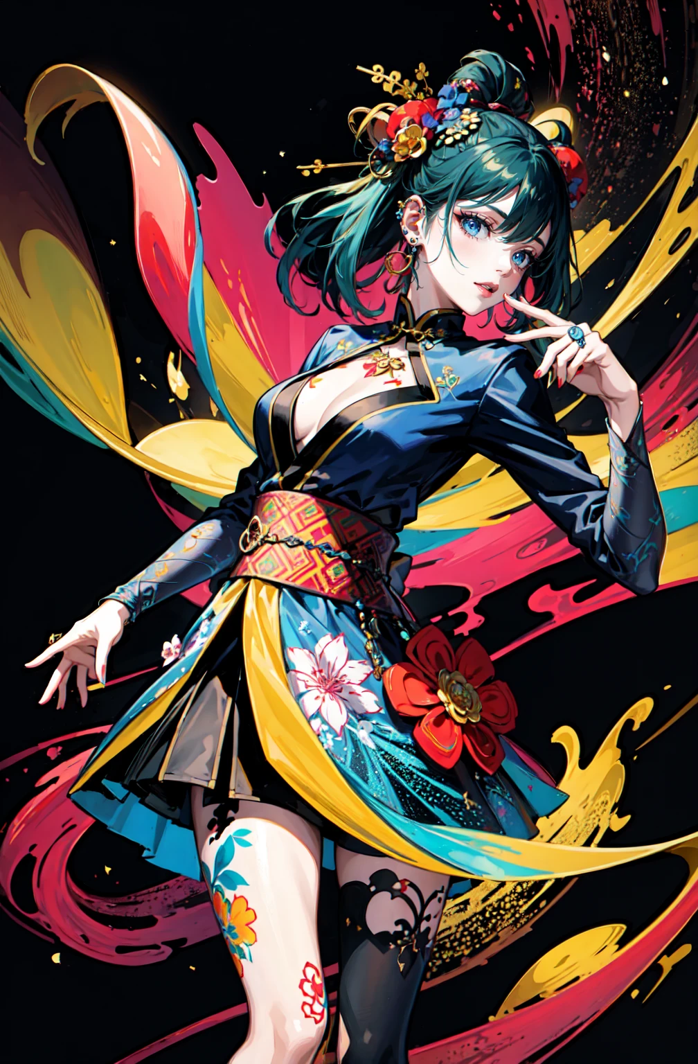 (masterpiece,quality,Best quality,official art,Beauty and Aesthetics:1.2),girl wearing clown makeup,Very detailed,(Fractal art:1.1),(a color:1.1)(blooming flowers:1.3),most detailed,( tangled:1.2), (dynamic poses), (abstract background:1.3), (Chinese traditional fabrics:1.2), (Skin glows), (Many colors:1.4), ,(ear nipple ring:1.4),(Decorative paintings:1.6,), light,Ink painting and ink painting,ink,