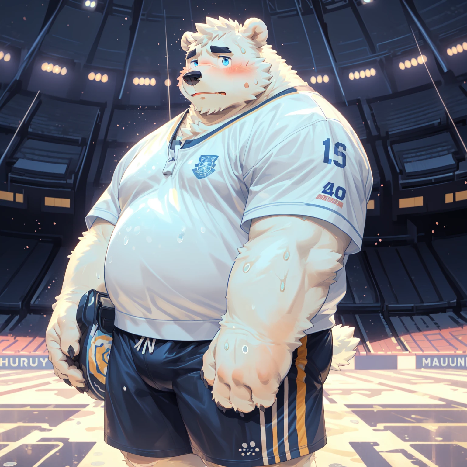New Jersey 5 Furry，polar bear，Facing the camera，Exquisite，Beast field, SFW, masterpiece, high quality, Absurd,  soft light, Solitary, Wear casual clothes, ((Background Stadium:1.5), character focus. Detailed background, Amazing background, outdoor, Scenes, particle.大师masterpiece，Highest image quality ,4k quality，sweat, Big Buttocks,  The look. blush. Oily，Solitary，Chubby，Fat，Thick arms，Rugged muscles，White plush fur，Chubby脸，Black eyebrows，Sky blue eyes，Beard，Cover, high resolution, top quality, best quality, Wear casual clothes，shorts，sweat,blush. Oily Buttocks，