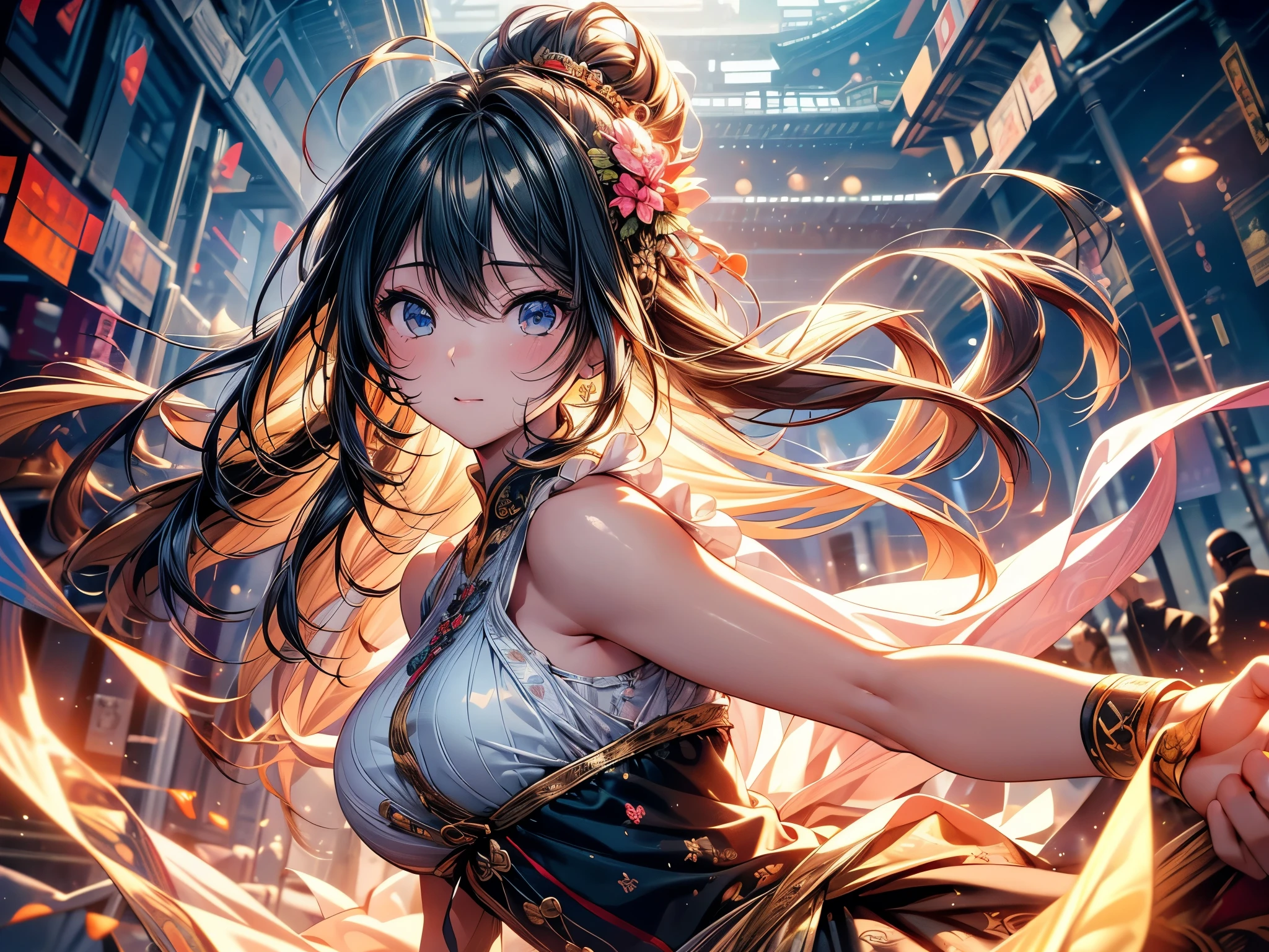 (original photo, best quality), (actual, photo-actual:1.3),best quality,Very detailed,masterpiece,Ultra Detailed,illustration,1 girl,Predominant_Body,Dynamic Angle,world masterpiece theater,messy_long_hair,best quality,Extremely detailed CG Unity 8K wallpaper,ink,amazing,Movie Lighting,lens_Flare, Dunhuang_style