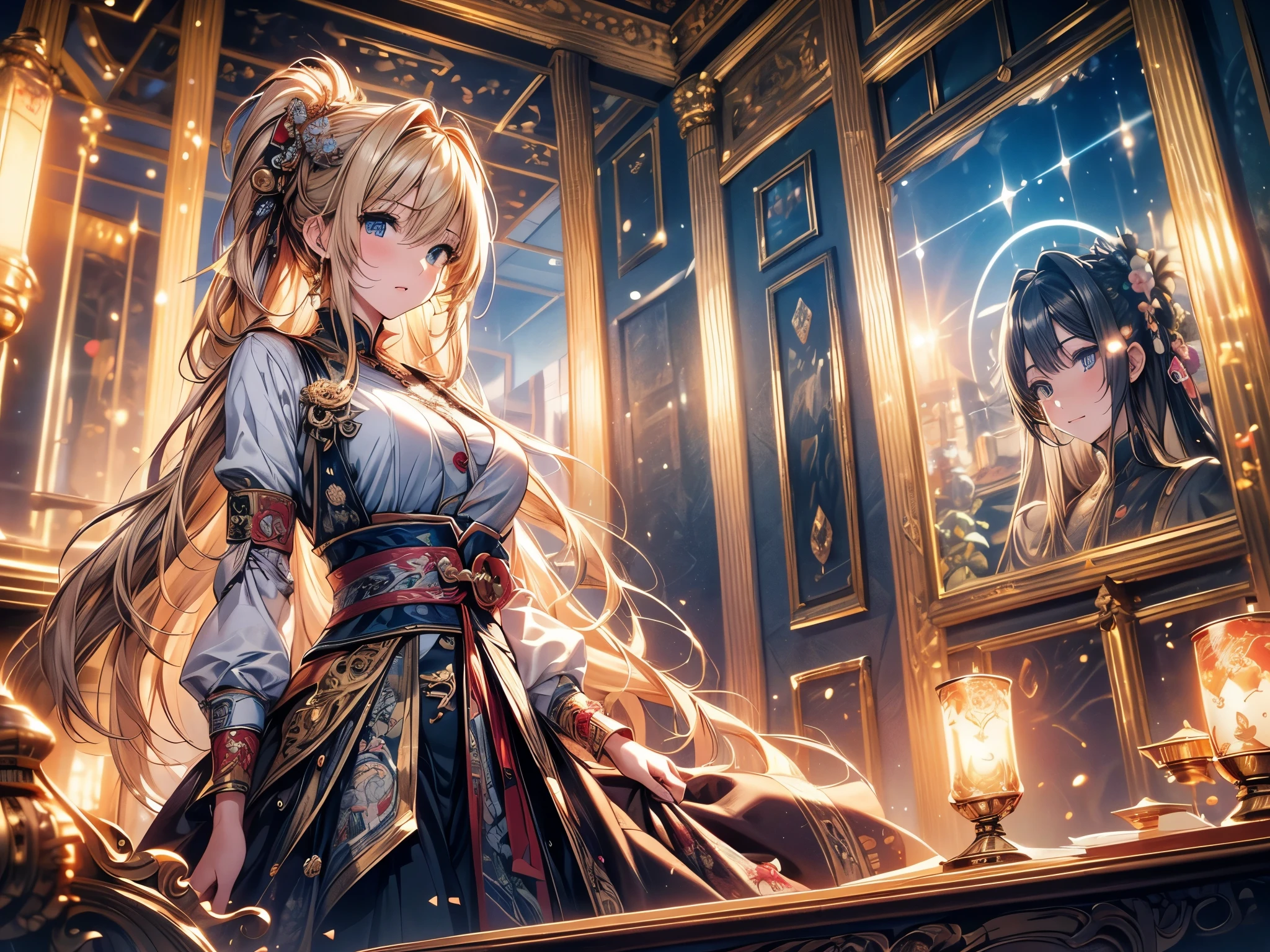 (original photo, best quality), (actual, photo-actual:1.3),best quality,Very detailed,masterpiece,Ultra Detailed,illustration,1 girl,Predominant_Body,Dynamic Angle,world masterpiece theater,messy_long_hair,best quality,Extremely detailed CG Unity 8K wallpaper,ink,amazing,Movie Lighting,lens_Flare, Dunhuang_style