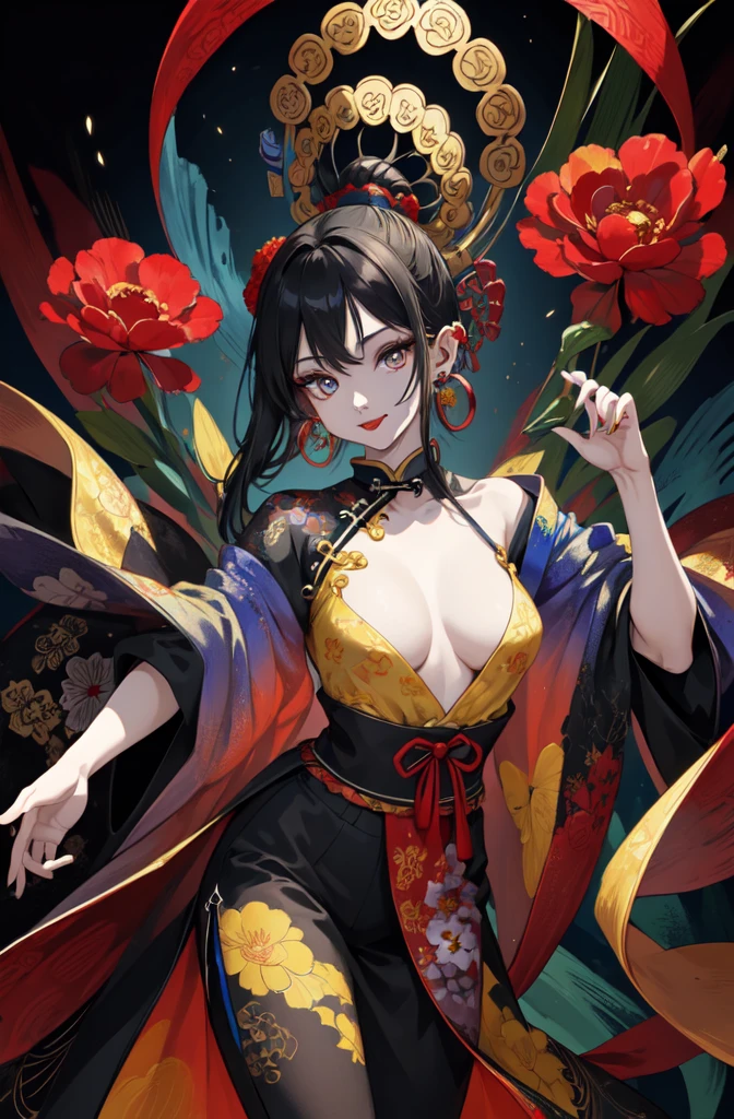 (masterpiece,quality,Best quality,official art,Beauty and Aesthetics:1.2),girl wearing clown makeup,Very detailed,(Fractal art:1.1),(a color:1.1)(blooming flowers:1.3),most detailed,( tangled:1.2), (dynamic poses), (abstract background:1.3), (Chinese traditional fabrics:1.2), (Skin glows), (Many colors:1.4), ,(ear nipple ring:1.4),(Decorative paintings:1.6,), light,Ink painting and ink painting,ink,
