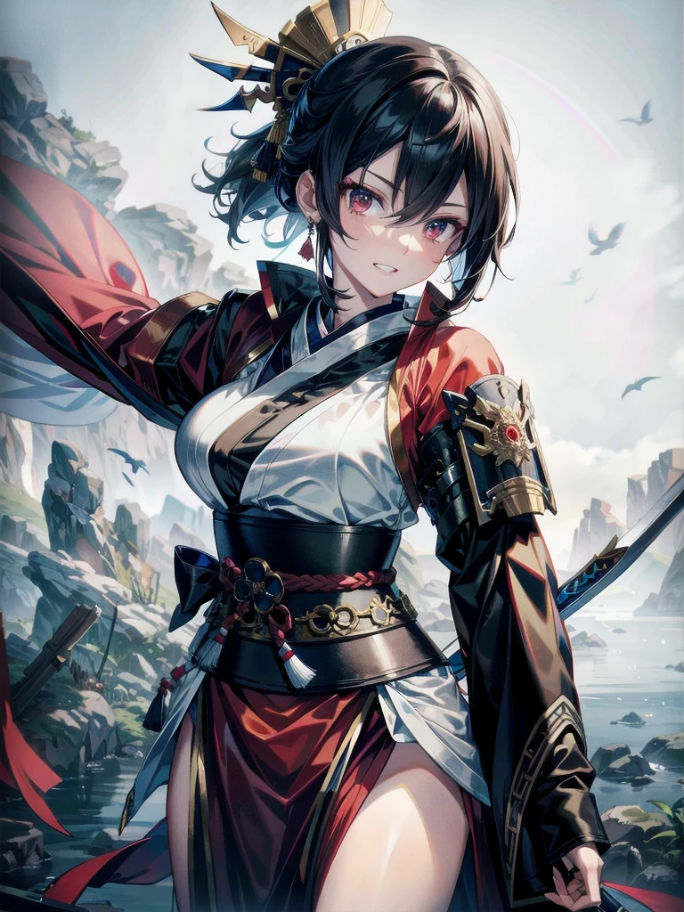 whole body, red-black costume, holding a sword, Onmyoji, nobushi, Flowing white robe, absurdres, RAW photo, extremely delicate and beautiful, masterpiece, Best Quality, ultra high resolution, 32k, hyperrealistic, ultra-detailed, detailed description, pale skin, 20 years old, tearful mole, earring, Colossal tits, short medium hair, wavy hair, evil grin,