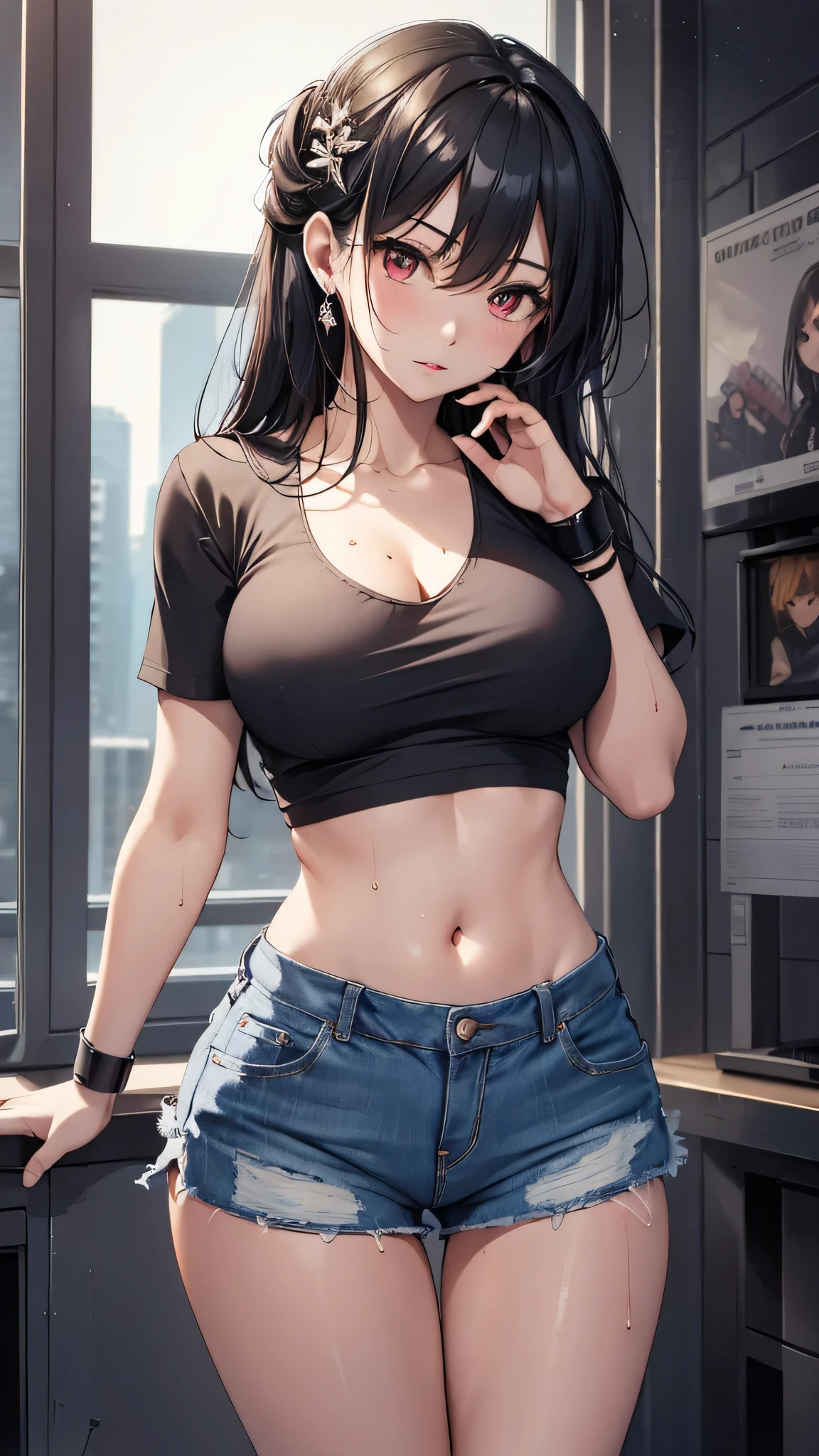 最high quality、Best image quality、masterpiece、girl((18-year-old、 By becoming、Best Bust、Medium Bust,Wide open breast tea、Red glowing eyes,Black Hair、Red Mesh、Disheveled Hair、Lointail、thin,The highest valley、Open chest、Luminous Wristbands、hair ornaments、Show the whole body,Black short sleeve T-shirt、Short denim trousers、Cool image, cool pose、My whole body is wet)),high quality、Beautiful art、background((Photography room))、Flight、Flying debris、Written boundary depth、movie、Visual Arts、Perfect art、8K,Genuine,