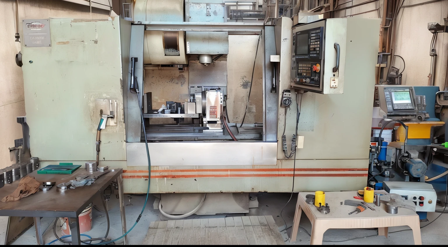 arafed machine in a workshop with a table and a bench, year 2 5 0 0, industrial machinery, precise machinery, in a workshop, small manufacture, year 2 3 0 0, lathe, foundry vtt, in a factory, year 2447, year 2 8 6 6, instagram photo, broken machinery, 4 0 9 6, frontal shot