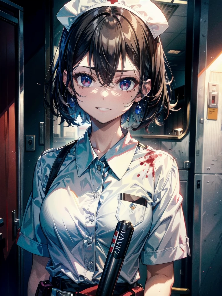 whole body, (Blood droplets), (blood), blood splatter, blood on clothes, blood stain, hospital, nurse uniform, have a knife, cadaver, (desolation), anxiety, absurdres, RAW photo, extremely delicate and beautiful, masterpiece, Best Quality, ultra high resolution, 32k, hyperrealistic, ultra-detailed, detailed description, pale skin, 20 years old, tearful mole, earring, Colossal tits, short medium hair, wavy hair, evil grin,