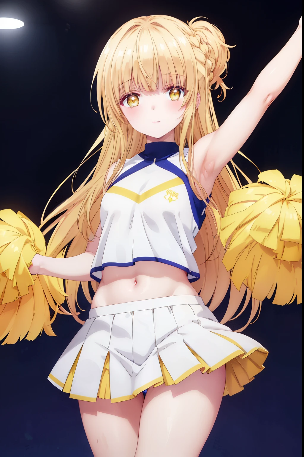 Mahiru shiina, , blonde, (Yellow Eyes:1.3)、Braided long hair,,blush,smile,Captivating thighs、Beautiful bare legs, Sideways armpit、Wearing cheerleading uniform、Sexy Cheerleader、dancing、Cheerleading Costumes、Holding cheer pom-pomy belly is visible、Her underwear is visible through her super miniskirt
（masterpiece:1.2), highest quality, High resolution, unity 8k wallpaper, (shape:0.8), (Beautiful and beautiful eyes:1.6), Highly detailed face, Perfect lighting, Highly detailed CG, (Perfect hands, Perfect Anatomy),