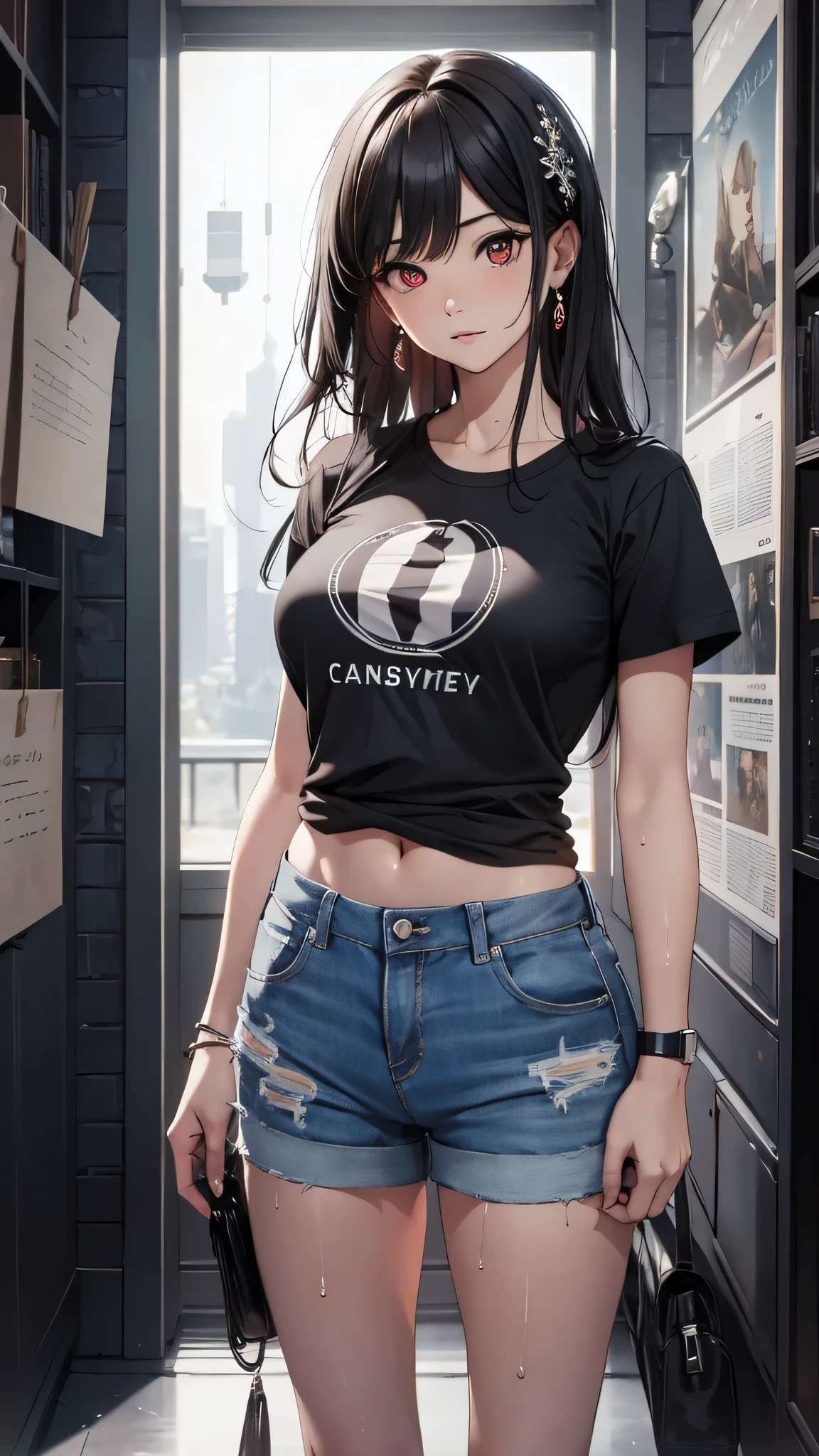 最high quality、Best image quality、masterpiece、girl((18-year-old、 By becoming、Best Bust、Medium Bust,Wide open breast tea、Red glowing eyes,Black Hair、Red Mesh、Disheveled Hair、Lointail、thin,The highest valley、Open chest、Luminous Wristbands、hair ornaments、Show the whole body,Black short sleeve T-shirt、Short denim trousers、Cool image, cool pose、My whole body is wet)),high quality、Beautiful art、background((Photography room))、Flight、Flying debris、Written boundary depth、movie、Visual Arts、Perfect art、8K,Genuine,