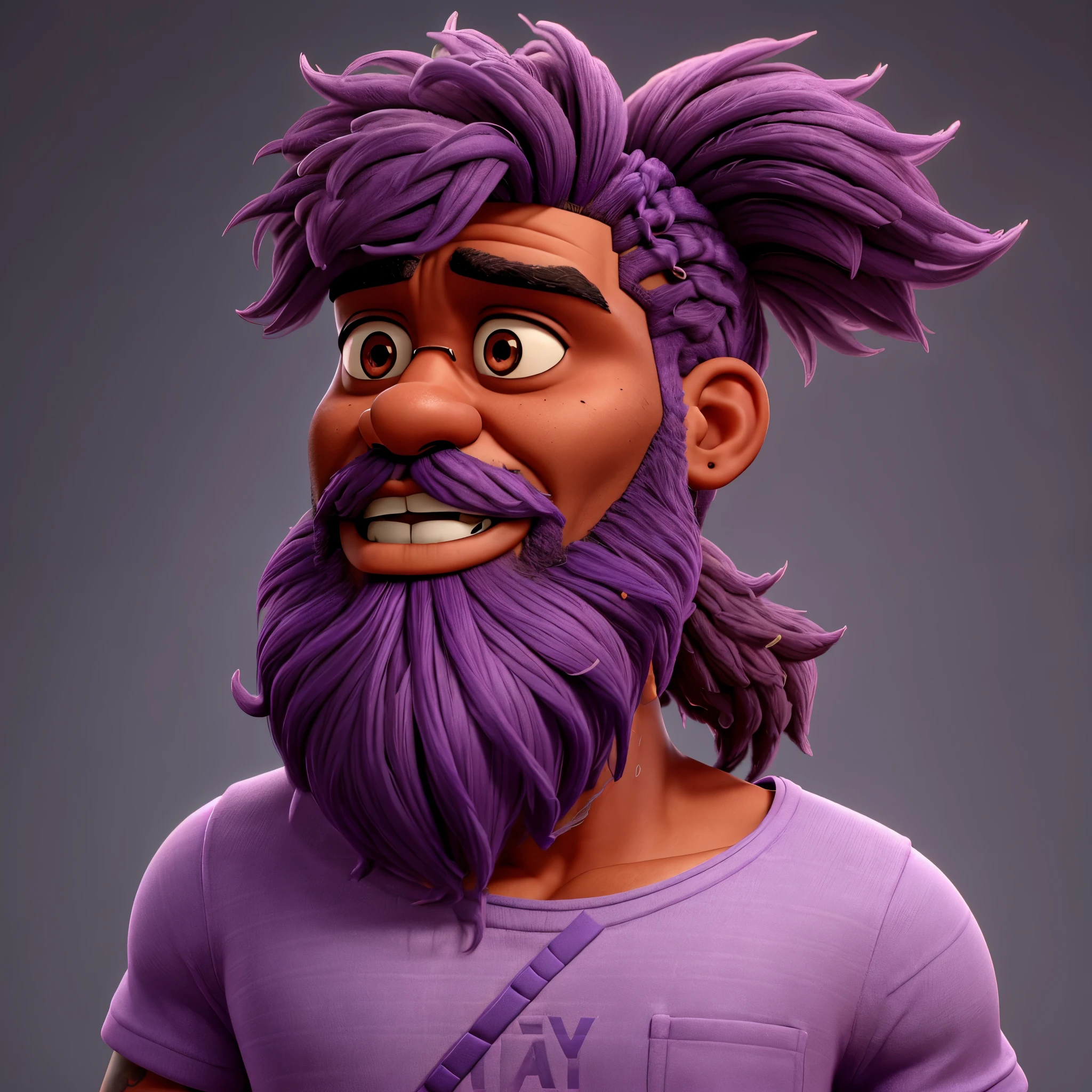 "He's a black man with purple hair and beard. The sides of his hair are shaved, and the vibrant color may attract unwanted attention in certain settings. Some may view his choice of hair and beard color as unprofessional, leading to negative or prejudiced reactions. Despite his confidence, he may face judgments and discrimination due to his unique appearance