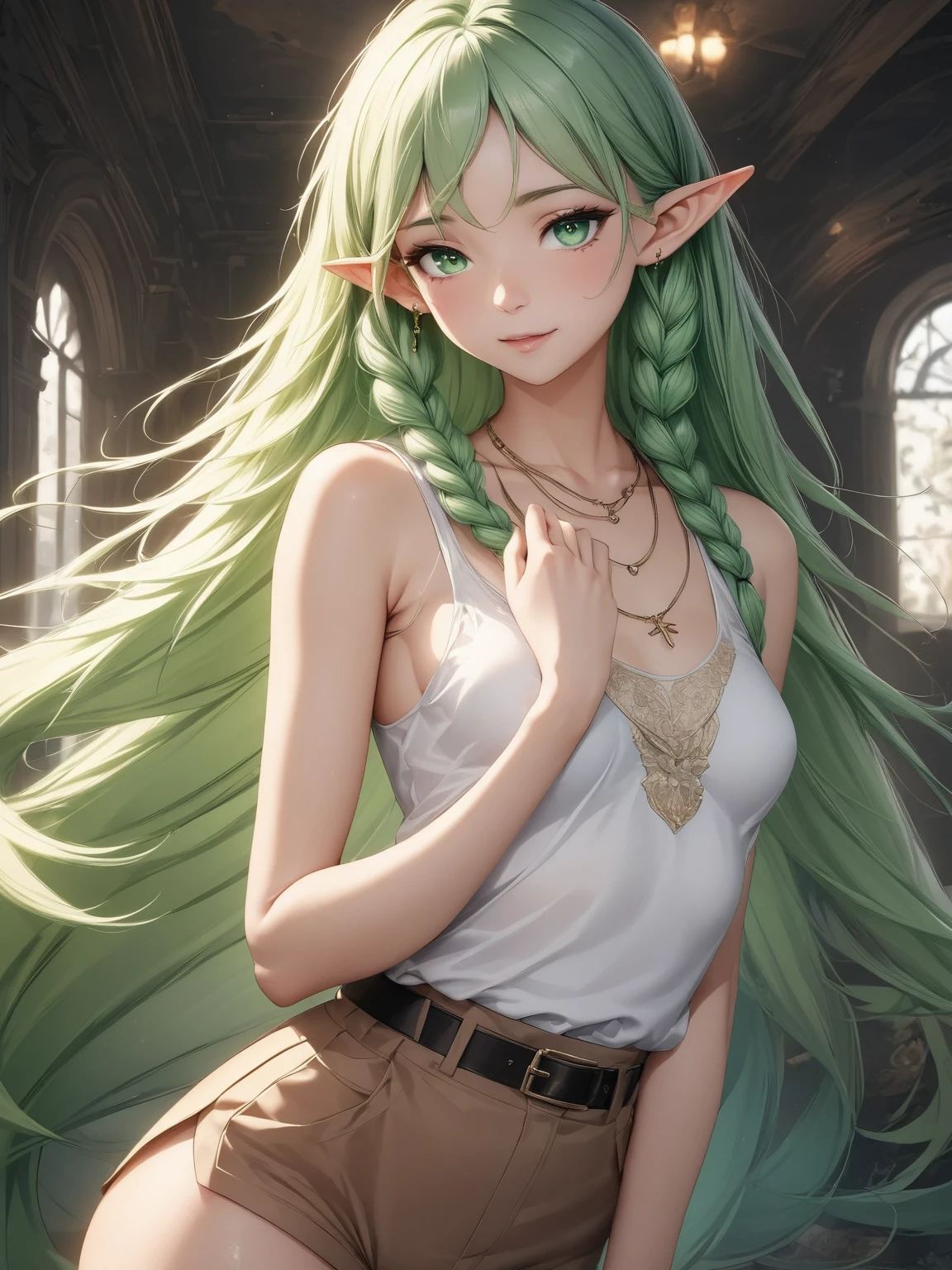 Highest quality 8K resolution,masterpiece, Very detailed, Exquisite detail, In detail, Realistic, (Beautiful and aesthetic:1.2), Bright colors, Soft colors,Exact finger count,Perfect hands,Perfect legs,Perfect Anatomy, Warm and gentle lighting, Alone, (16-year-old girl:1.5), Attractive elven girl, (Long pointy ears:1.2), (Smooth and very long hair:1.3), Shiny green hair, (Braid,Side braids:1.2),Side Lock,Shiny skin,(Small eyes:1.5), Green Eyes,Very beautiful detailed eyes,White skin, ((Small breasts)),No bra, (No sleeve:1.2) ,(Sheer white tank top:1.2), necklace,Earrings,accessories,Cowboy Shot, Are standing, indoor,Delicate and beautiful features,Detailed clothing,Committed to ultra-high definition depiction,(Embarrassed look:1.2),Posing for a photo,Her face is like a delicate flower,A gentle face that exudes warmth and kindness, Her eyelashes are long and thick,Medium meat,Medium height,(Medium meaty:1.5),(Stylish underwear:1.5) 
