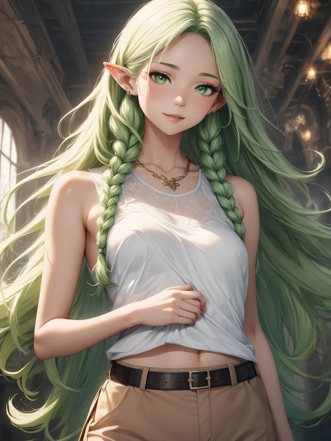 Highest quality 8K resolution,masterpiece, Very detailed, Exquisite detail, In detail, Realistic, (Beautiful and aesthetic:1.2), Bright colors, Soft colors,Exact finger count,Perfect hands,Perfect legs,Perfect Anatomy, Warm and gentle lighting, Alone, Attractive elven girl, (Long pointy ears:1.2), (Smooth and very long hair:1.3), Shiny green hair, (Braid,Side braids:1.2),(Braidが長い:1.2),Side Lock,Shiny skin,(Small eyes:1.5), Green Eyes,Very beautiful detailed eyes,White skin, ((Small breasts)),No bra, (No sleeve:1.2) ,(Sheer white tank top:1.2) ,Brown shorts, belt, necklace,Ears pierced,Cowboy Shot, Are standing, indoor,Delicate and beautiful features,Detailed clothing,Committed to ultra-high definition depiction,(Happy expression:1.2),Posing for a photo,Her face is like a delicate flower,A gentle face that exudes warmth and kindness, Her eyelashes are long and thick