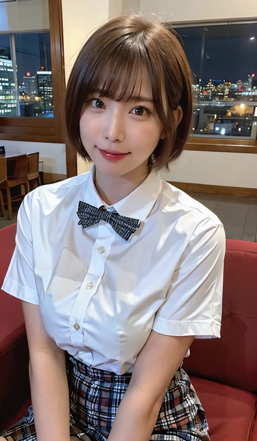 (8k, RAW photo, best quality, masterpiece:1.2), (realistic, photo-realistic:1.37), ultra-detailed,
1 girl,cute, solo,beautiful detailed sky,detailed cafe,night,sitting,dating,(nose blush),(smile:1.1),(closed mouth),large breasts, seductive smile, large aparture, professional lighting, Sony A7R4, Zessie 50mm F1.8,
medium breasts,beautiful detailed eyes,(collared shirt:1.1), bowtie,pleated skirt,(short hair:1.2),floating hair