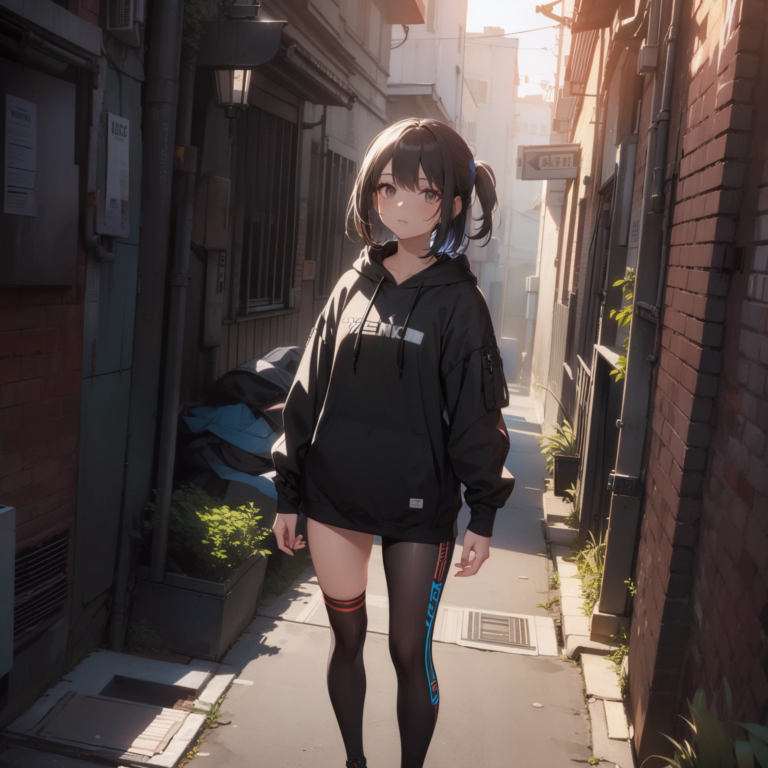 ((1Woman:1)),((standing-in-a-alleyway:1))((beautiful eyelashes:1)), ((expressive:1)), ((high-angle-view:1)),((wearing-techwear-hoodie:1)),((Cyberworld:1))