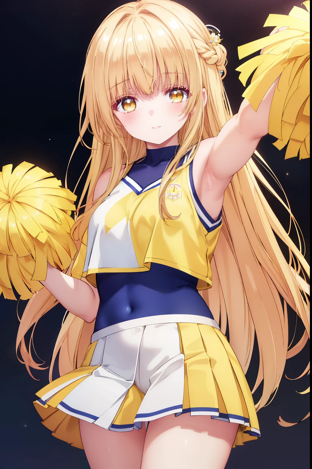 Mahiru shiina, , blonde, (Yellow Eyes:1.3)、Braided long hair,,blush,smile,Captivating thighs、Beautiful bare legs, Sideways armpit、Wearing cheerleading uniform、Sexy Cheerleader、dancing、Cheerleading Costumes、Holding cheer pom-pomy belly is visible、Her underwear is visible through her super miniskirt
(masterpiece:1.2), highest quality, High resolution, unity 8k wallpaper, (shape:0.8), (Beautiful and beautiful eyes:1.6), Highly detailed face, Perfect lighting, Highly detailed CG, (Perfect hands, Perfect Anatomy),