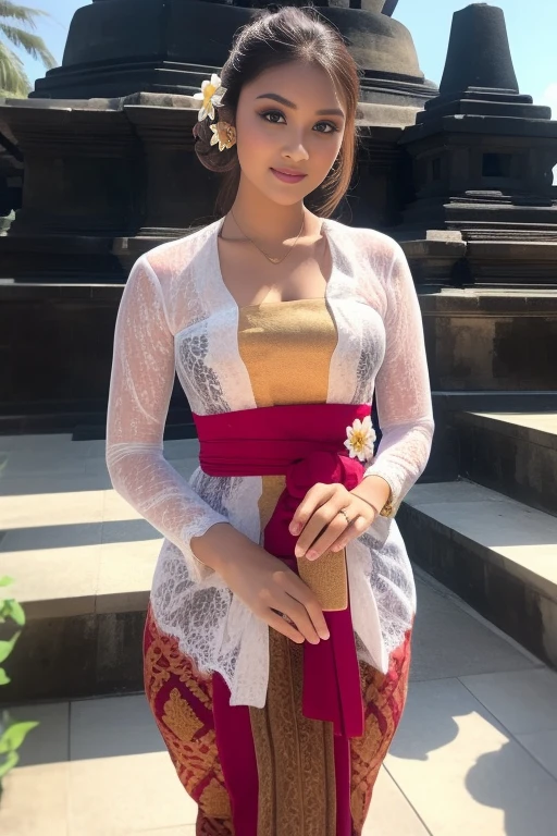 8k portrait of a beautiful cyborg with brown hair, posing very elegantly, ((temple background, temple, Borobudur)), photography, portrait of a beautiful_girl, hair in a neat bun, wearing a Balinese kebaya with a white Balinese kebaya, light brown lipstick, detail, flowers, background bright back, soft focus, (masterpiece, side lighting, fine details of beautiful eyes: 1.2), hdr