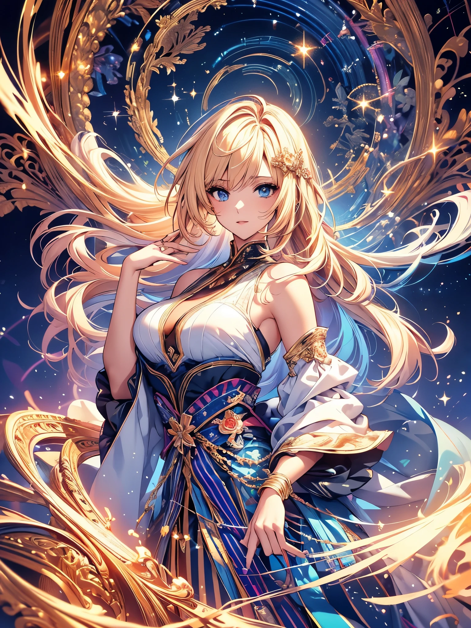 (masterpiece, top quality, best quality, official art, Beautiful and beautiful:1.2), (1 Girl), magician girl, Extremely detailed, (Fractal Art:1.3), rich and colorful, The most detailed, Perfect face, begie hair, blue eyes, big, silm, HDR, (pray:1.3), (random color clothes with golden lines:1.2), galaxy, (Light streaks), Eye-Catching Visuals, (Dynamic Stripes, Luminous trails:1.2), Vibrant colors,
