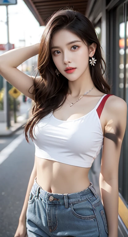 8k Masterpiece, best quality, realistic, very detailed, 1 woman, strong body. Realistic skin, large breasts, staring at the viewer, crop tops, short t-shirts, tank tops, undershirts. (Torn shirt) Under , micro mini skirt Sexy pants. His pants are torn, revealing skin. (ใส่Torn clothes)(Torn clothes),The belly is opened very wide, the movie lights focus on the face, the eyes are good, the face is detailed, the face is bright..... , During the day, chokers:1.4、necklace:1.4、earring:1.4、Standing in front of an outdoor motel in the background. Low angle view from below. Beautiful tattoo, small belly cake
