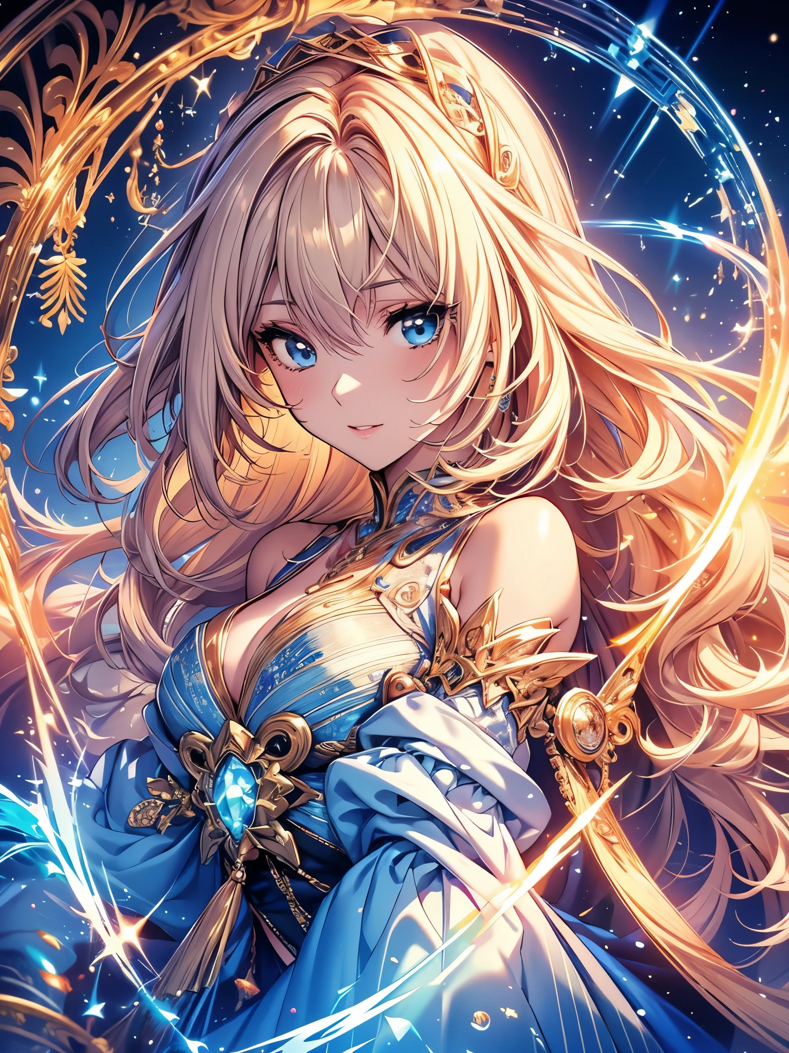 (masterpiece, top quality, best quality, official art, Beautiful and beautiful:1.2), (1 Girl), magician girl, Extremely detailed, (Fractal Art:1.3), rich and colorful, The most detailed, Perfect face, begie hair, blue eyes, big, silm, HDR, (pray:1.3), (random color clothes with golden lines:1.2), galaxy, (Light streaks), Eye-Catching Visuals, (Dynamic Stripes, Luminous trails:1.2), Vibrant colors,