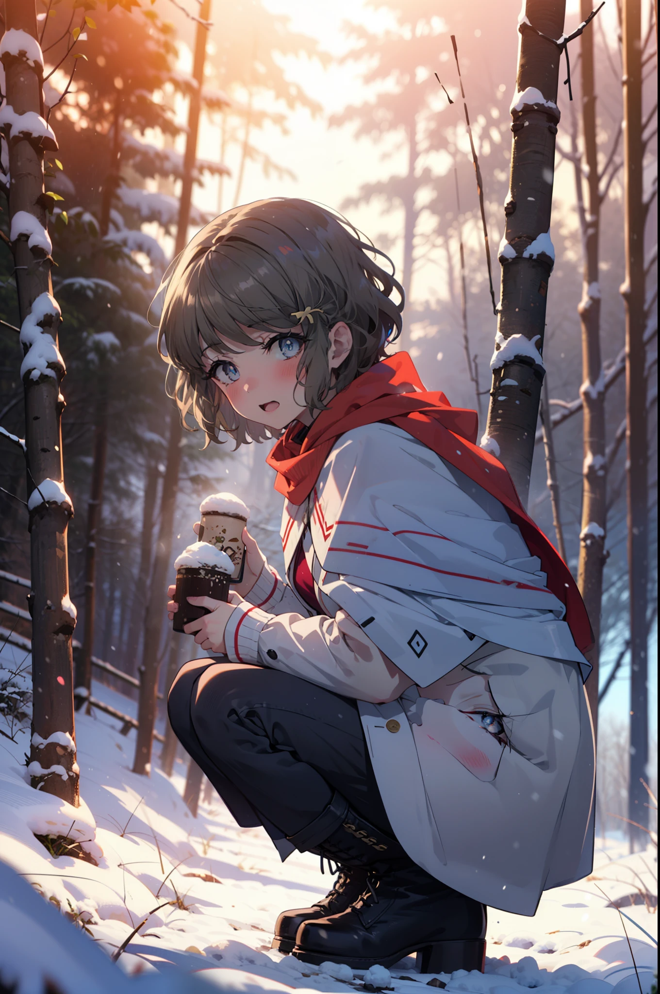 tomoekoga, Chie Koga, short hair, Brown Hair, blue eyes, hair band,smile,blush,White Breath,Medium Chest,
Open your mouth,snow,Ground bonfire, Outdoor, boots, snowing, From the side, wood, suitcase, Cape, Blurred, having meal, forest, White handbag, nature,  Squat, Mouth closed, Cape, winter, Written boundary depth, Black shoes, red Cape break looking at viewer, Upper Body, whole body, break Outdoor, forest, nature, break (masterpiece:1.2), highest quality, High resolution, unity 8k wallpaper, (shape:0.8), (Beautiful and beautiful eyes:1.6), Highly detailed face, Perfect lighting, Highly detailed CG, (Perfect hands, Perfect Anatomy),