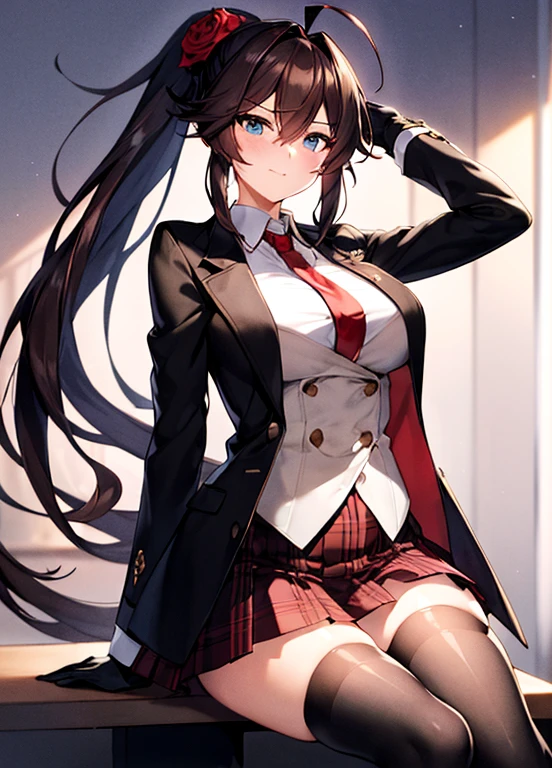 masterpiece, best quality, ultra-detailed, illustration, warm lighting, bright colors, 1girl,solo, long hair, very long hair, chifuyu, crossed arms, amused, sitting, office, office work,

action, ahoge, bangs, black_jacket, blue_eyes, breasts, brown_hair, brown_vest, buttons, closed_mouth, collared_shirt, double-breasted, dress_shirt, flower, gloves, hair_between_eyes, hair_flower, hair_ornament, hair_over_eyes, jacket, light_particles, long_sleeves, looking_at_viewer, necktie, plaid, plaid_skirt, pleated_skirt, ponytail, red_flower, red_necktie, red_rose, red_skirt, rose, shirt, skirt, thighhighs, vest, weapon, white_shirt, zettai_ryouiki