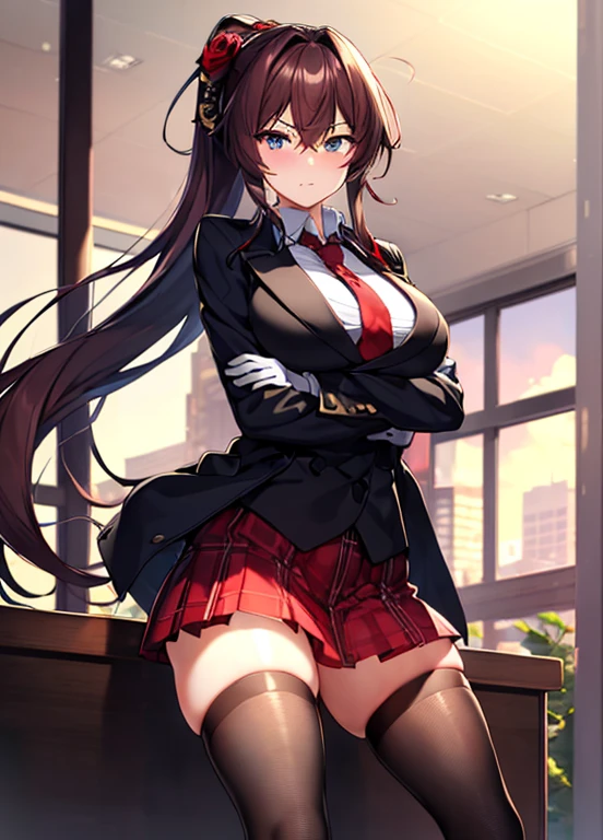 masterpiece, best quality, ultra-detailed, illustration, warm lighting, bright colors, 1girl,solo, long hair, very long hair, chifuyu, crossed arms, amused, sitting, office, office work,

action, ahoge, bangs, black_jacket, blue_eyes, breasts, brown_hair, brown_vest, buttons, closed_mouth, collared_shirt, double-breasted, dress_shirt, flower, gloves, hair_between_eyes, hair_flower, hair_ornament, hair_over_eyes, jacket, light_particles, long_sleeves, looking_at_viewer, necktie, plaid, plaid_skirt, pleated_skirt, ponytail, red_flower, red_necktie, red_rose, red_skirt, rose, shirt, skirt, thighhighs, vest, weapon, white_shirt, zettai_ryouiki