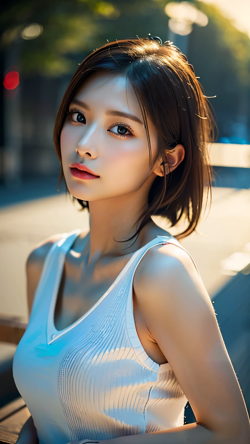 ((highest quality、masterpiece、8K、Realistic、Ultra-high resolution、Very delicate and beautiful、HDR、Cinematic Lighting))、Mid-shot、portrait、Perfect female body、Beautiful woman、Mature Woman、Contrapposto、Put your head in your hands、Gazing at the viewer、Cheerful、(Casual Fashion)