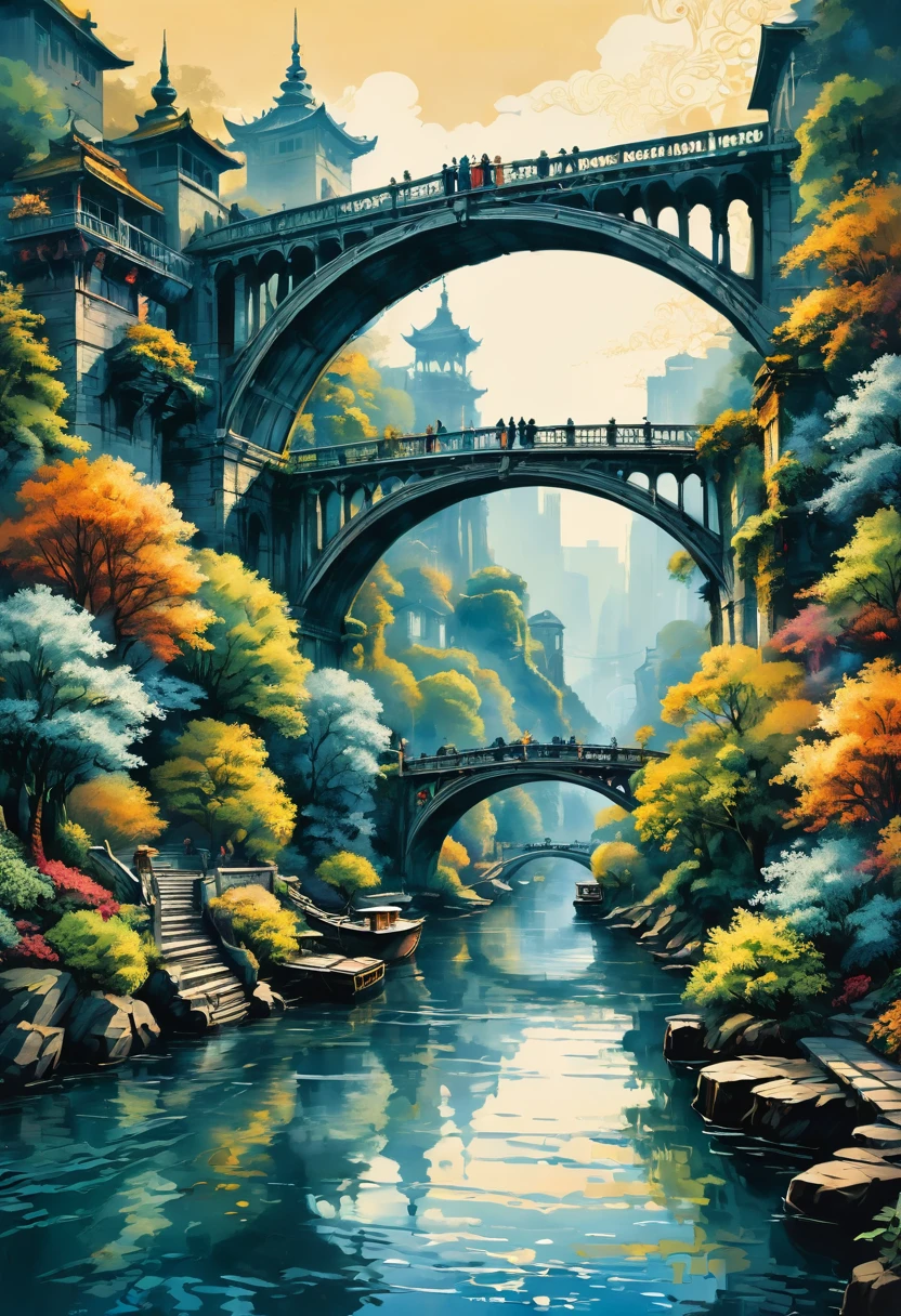 bridge, Monotype Artwork, best quality, masterpiece, very aesthetic, perfect composition, intricate details, ultra-detailed