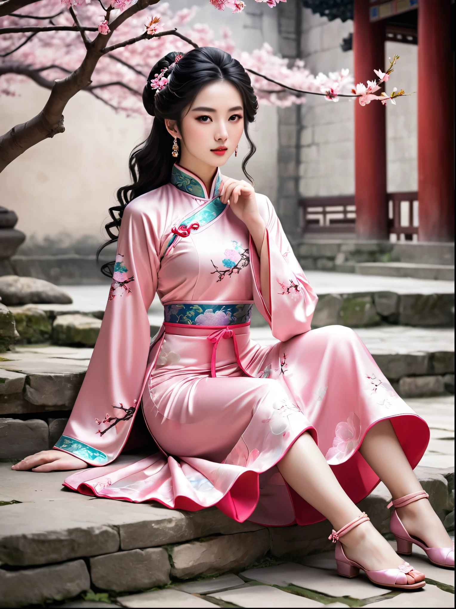 Girl wearing pink antique long cheongsam，Turn your head 45 degrees to the left，Direct vision，Very delicate face，Body slightly tilted to the right，The left foot is in front，The right foot is behind，Hands together，Black curly hair，Style reference: Sword King 3，folk-custom，Ancient style classical style，Beauty Mage，The background is a split-level loft，Cherry blossoms blooming next to，Stone floor underfoot，Behind is the stone steps，Design and costumes from Honor of Kings Zhen Ji&#39;s Garden Dream，Inspiration: Song Maojin，Elegant Numbers，Beautiful full body concept art，Beautiful digital artwork，Flowing cherry blossom silk, Chen Lin, Rob Ray and Kentaro Miura style, inspired by Fenghua Zhong, by Qu Leilei, by Lengmei, by Li Song