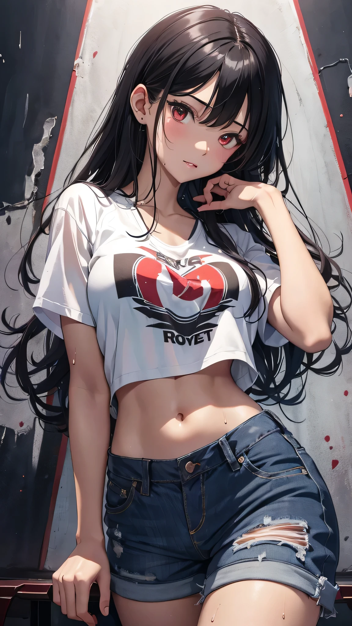最high quality、Best image quality、masterpiece、girl((18-year-old、 By becoming、Best Bust、Medium Bust,Wide open breast tea、Red glowing eyes,Black Hair、Red Mesh、Disheveled Hair、Lointail、thin,The highest valley、Open chest、Luminous Wristbands、hair ornaments、Show the whole body,Black short sleeve T-shirt、Short denim trousers、Cool image, cool pose、My whole body is wet)),high quality、Beautiful art、background((Photography room))、Flight、Flying debris、Written boundary depth、movie、Visual Arts、Perfect art、8K,Genuine,
