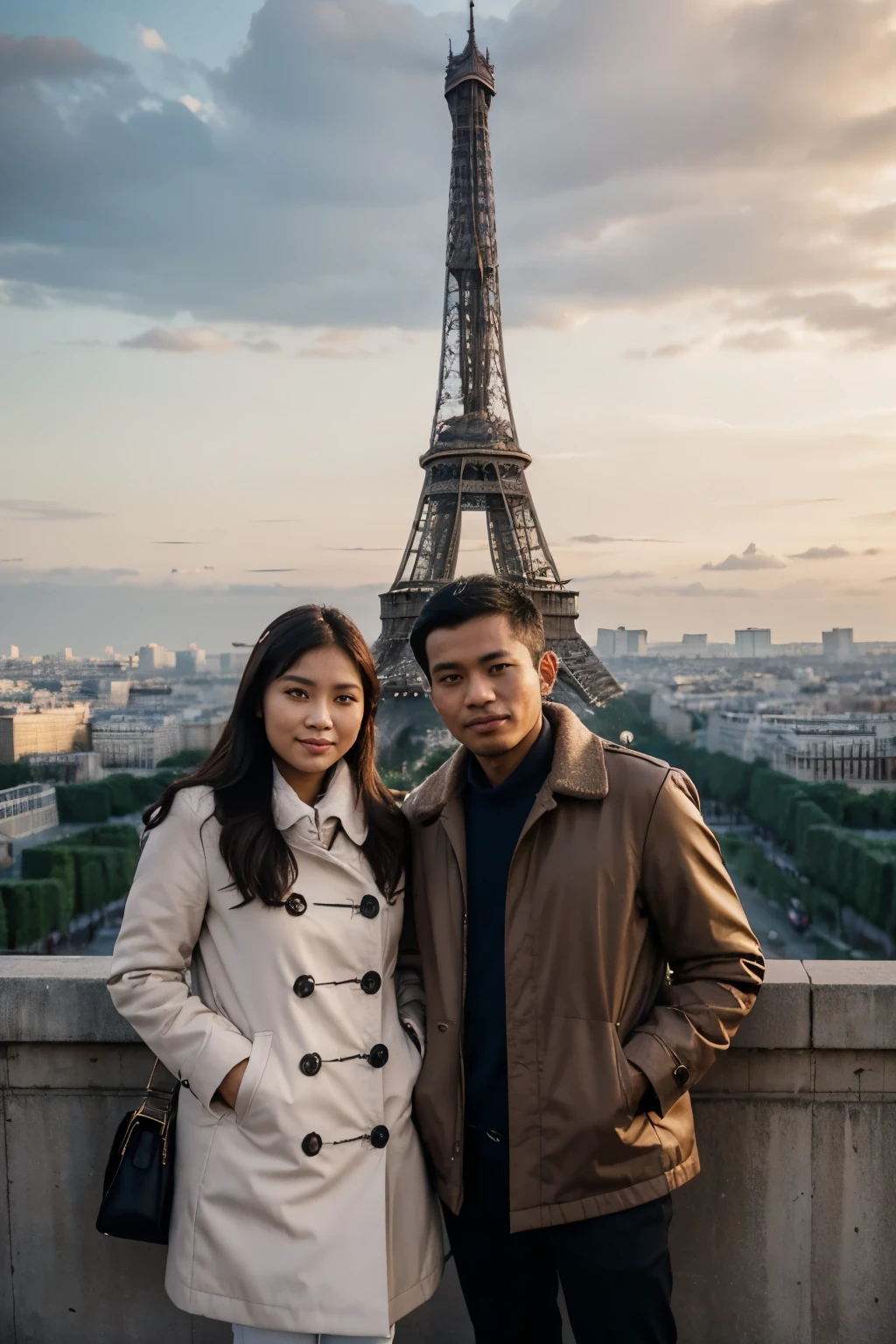 romantic couple Indonesian couple. the woman in the coat and the man wearing matching clothes standing in front of the eiffel tower, indonesian, in paris, 26 year old indonesian, in front of the eiffel tower, with a view of the eiffel, beautiful high resolution, paris, shutterstock, very beautiful photo, image beautiful,