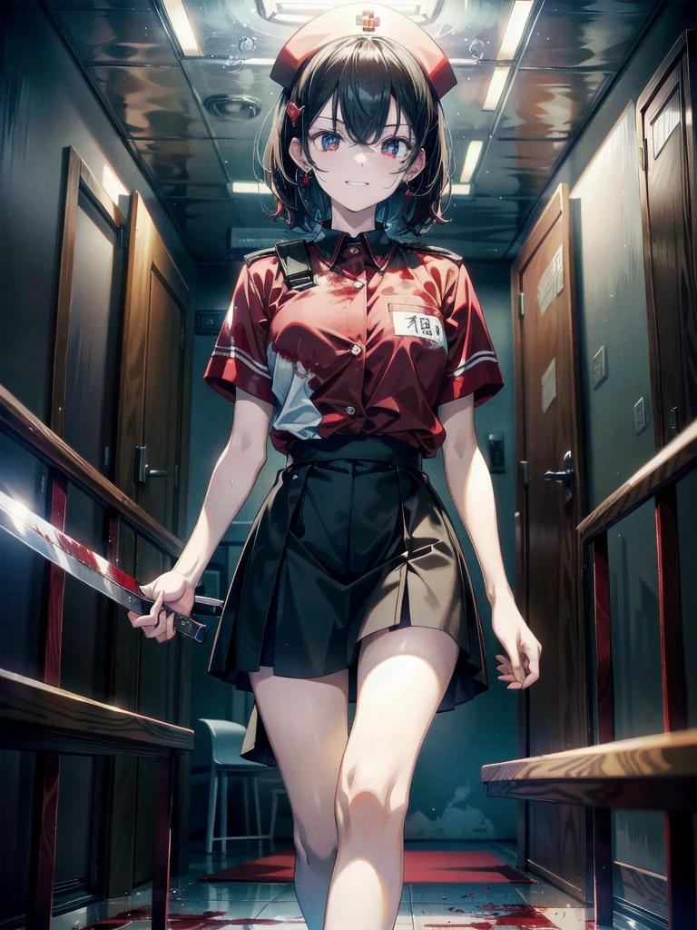 (Blood droplets), (blood), (blood splatter), (blood on clothes), (blood stain), hospital, nurse uniform, have a knife, cadaver, (desolation), anxiety, absurdres, RAW photo, extremely delicate and beautiful, masterpiece, Best Quality, ultra high resolution, 32k, hyperrealistic, ultra-detailed, detailed description, pale skin, 20 years old, tearful mole, earring, Colossal tits, short medium hair, wavy hair, evil grin, full body shot,