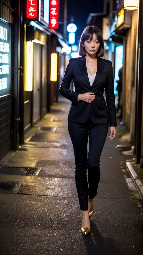 (Beautiful woman, high resolution, wallpaper 8K screen, highest quality, real, ultra-definition, exquisite and perfect dynamic composition, (Japanese mature woman walking in the alley at the end of the street), (Shinjuku Golden Gai at night: 1.4), (Precise background ), (Business suit: 1.4), (60 years old), (Realistic skin texture), (Fine wrinkles on the entire skin: 1.3), (Dull skin: 1.1), (Skin without moisture: 1.2) , (Face wrinkles: 0.9), (Wrinkles at the corners of the eyes: 1.2), Double eyelids, tear bags on the lower eyelid, Serious expression, Straight gaze, (Dimples: 1.2), Dark and beautiful eyes, Look at me Good for short bangs, natural hair movement, high heels, glamorous body, (full body portrait: 1.4),