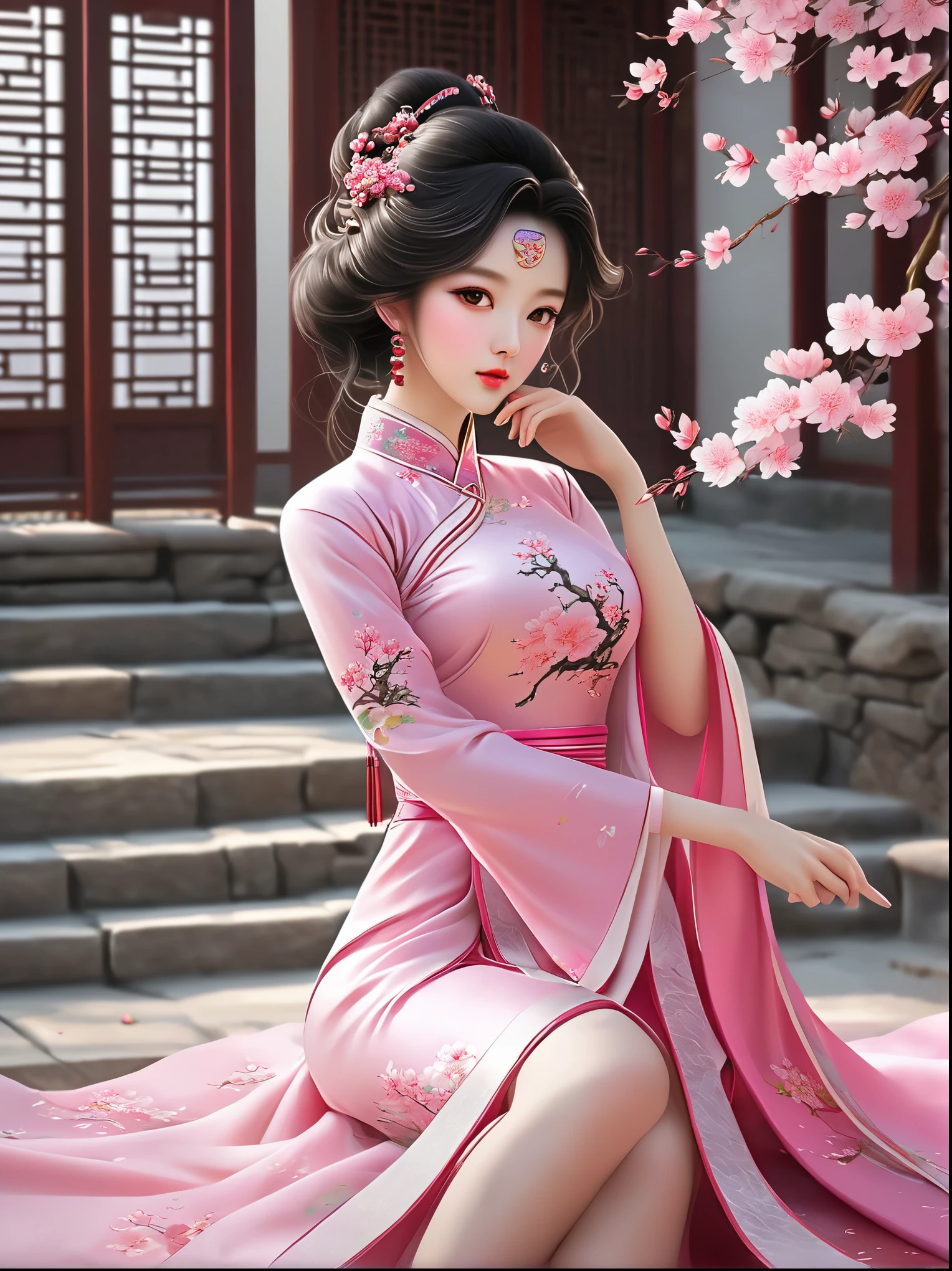 Girl wearing pink antique long cheongsam，Turn your head 45 degrees to the left，Direct vision，Very delicate face，Body slightly tilted to the right，The left foot is in front，The right foot is behind，Hands together，Black curly hair，Style reference: Sword King 3，folk-custom，Ancient style classical style，Beauty Mage，The background is a split-level loft，Cherry blossoms blooming next to，Stone floor underfoot，Behind is the stone steps，Design and costumes from Honor of Kings Zhen Ji&#39;s Garden Dream，Inspiration: Song Maojin，Elegant Numbers，Beautiful full body concept art，Beautiful digital artwork，Flowing cherry blossom silk, Chen Lin, Rob Ray and Kentaro Miura style, inspired by Fenghua Zhong, by Qu Leilei, by Lengmei, by Li Song