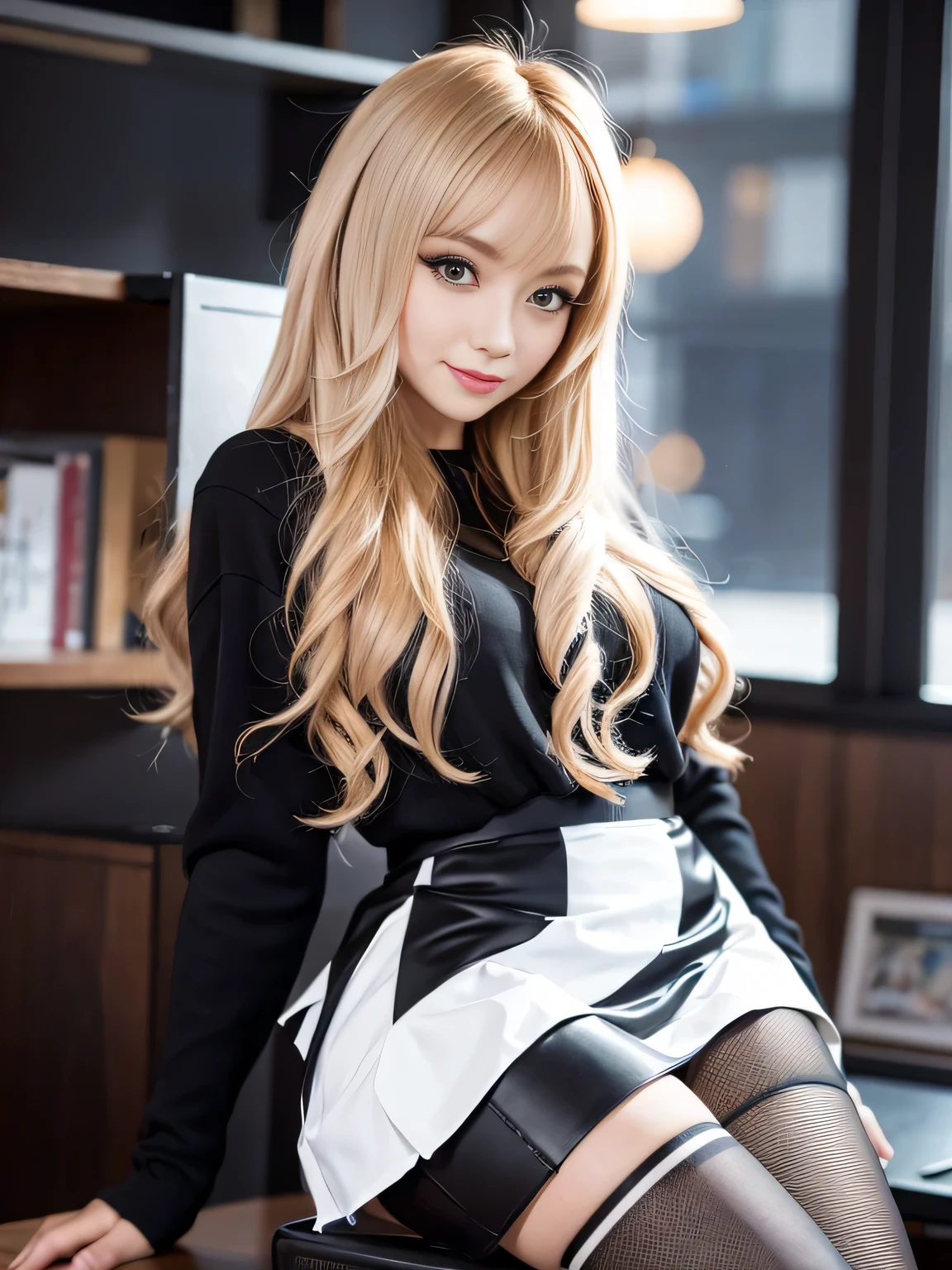 Dynamic Angle, Very detailed, Illustrated, close, Frank, Mature Girls, ((Soryu Asuka Lanley, skirt, Black Stockings: 1.4, Blonde)), (Glowing Eyes: 1.233), (Beautiful and detailed: 1.1), (smile), (Sitting), (office), (night: 1.2), [Huge: 0.55]:: 0.85], (Leg Details),  