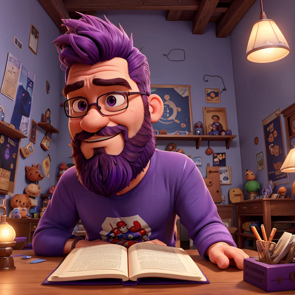 "He's a character in the game, sitting in his room, engrossed in a book. The walls are adorned with posters of his favorite games and movies, reflecting his passion for pop culture. The soft glow of a lamp illuminates the cozy space, casting a warm ambiance. He's dressed casually, wearing a graphic tee and jeans, with his purple hair and beard adding a touch of flair to his appearance. As he flips through the pages, his expression is one of concentration and enjoyment, completely absorbed in the fictional world of the book."