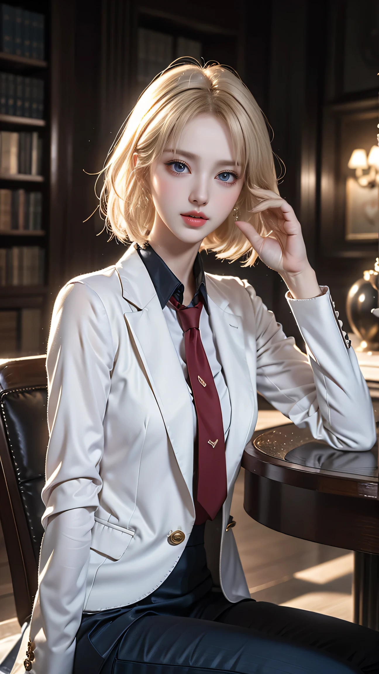 Best quality work,actual work,Ultra Premium Graphics,8K HD CG Works,High quality graphics,High-definition CG works,10x pixels,Extremely fine detail:1.1,Advanced Technical Details:1.1 Photorealistic,Indoor lighting effects:1.5,Natural light:1.5. Light effects(virtual Light effects:1.8),(Short golden hair)、(Bob Hair),Clear Eyes,Beautiful double eyelids,Sharp eye makeup, Delicate eyelash makeup, Thin eyebrows, Highly detailed eyes,High nose, Nice red lips, Rose Cheeks, Modest makeup face , Cute face, Perfectly balanced face,(Advanced Face Detail:1.1),((Girl sitting on chair in library))、Best quality work,actual work,Ultra Premium Graphics,8K HD CG Works,High quality graphics,High-definition CG works,10x pixels,Extremely fine detail:1.1,Advanced Technical Details:1.1 Photorealistic,Indoor lighting effects:1.5,Natural light:1.5. Light effects(virtual Light effects:1.8)、((close your eyes)), Thin eyebrows,High nose, Nice red lips, Rose Cheeks, Modest makeup face , Cute face, Perfectly balanced face,(A girl wearing),Light-colored foundations enhance the clarity of your skin..、((White Blazer)),(White blouse)、(Red tie)、(Dark blue checked skirt) 40k, photograph, White skin, highest quality, Tabletop, Ultra-high resolution, (Realistic:1.4), RAWphotograph, (Perfect figure), (slim:1.3), Slim abdomen, Perfect slim figure, Dynamic pose, alone, Cold light 12000K, Highly detailed face and skin texture, fine grain, Realistic eyes, Beautiful fine grain, (Realistic Skin), charm, 超A high resolution, Surreal、(I can see your pants)