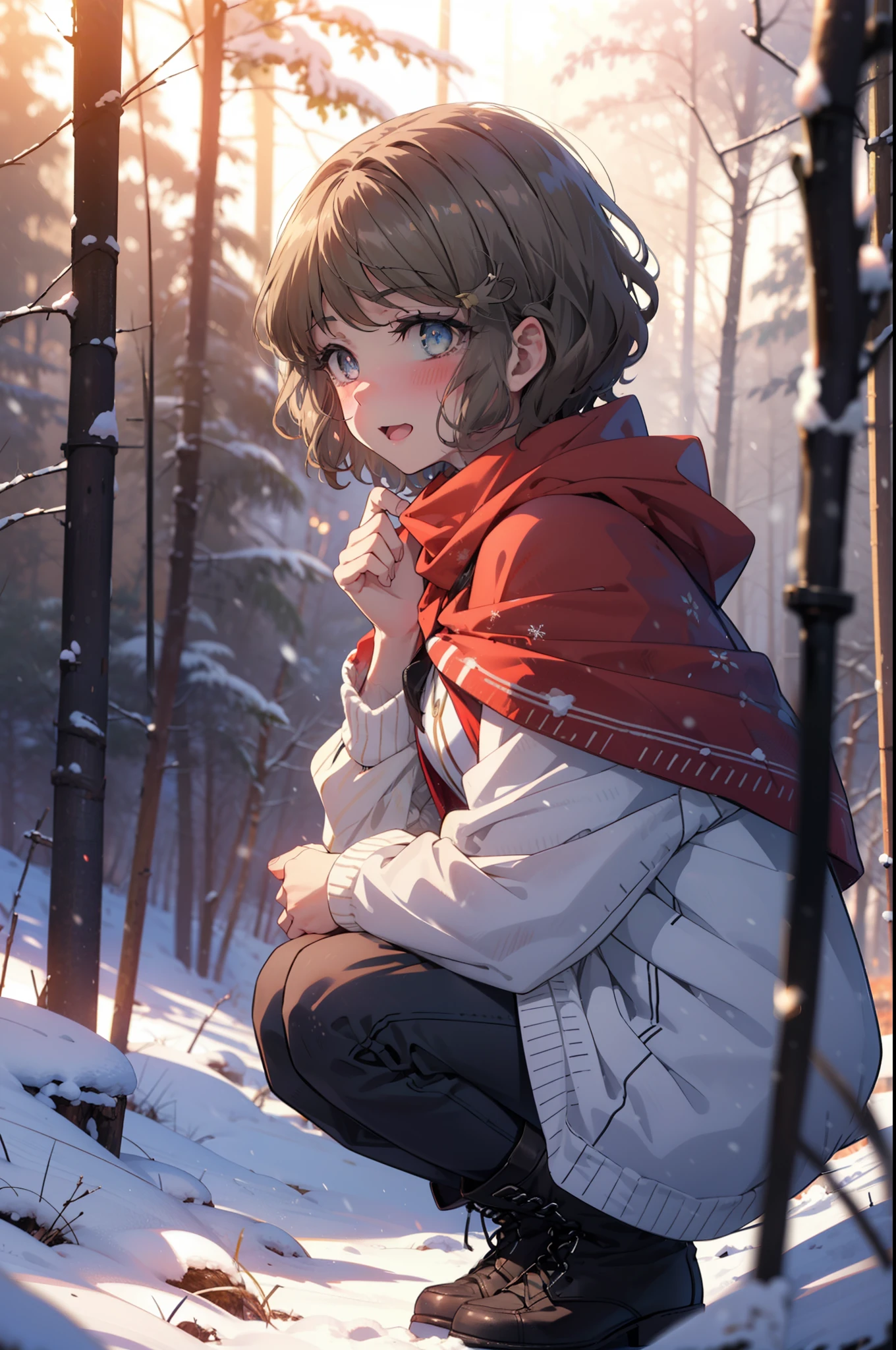 tomoekoga, Chie Koga, short hair, Brown Hair, blue eyes, hair band,smile,blush,White Breath,Medium Chest,
Open your mouth,snow,Ground bonfire, Outdoor, boots, snowing, From the side, wood, suitcase, Cape, Blurred, having meal, forest, White handbag, nature, Squat, Mouth closed, Cape, winter, Written boundary depth, Black shoes, red Cape break looking at viewer, Upper Body, whole body, break Outdoor, forest, nature, break (masterpiece:1.2), highest quality, High resolution, unity 8k wallpaper, (shape:0.8), (Beautiful and beautiful eyes:1.6), Highly detailed face, Perfect lighting, Highly detailed CG, (Perfect hands, Perfect Anatomy),