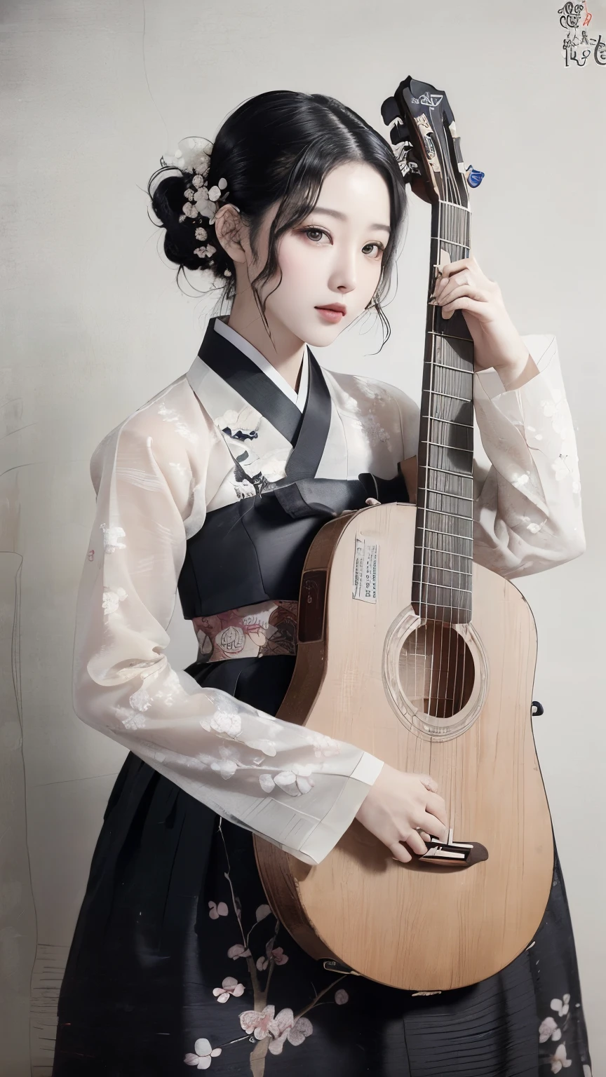 (best quality, 8K, masterpiece: 1.3), ((((((incredibly large breasts: 0.60))))), hairpin, (beautiful face:1.3), plum blossom ink painting background,authentic hanbok, 1920s photography studio, (It feels like a faded photograph: 1.4), Old photos, laugh, black and white photography, play the guitar, korea