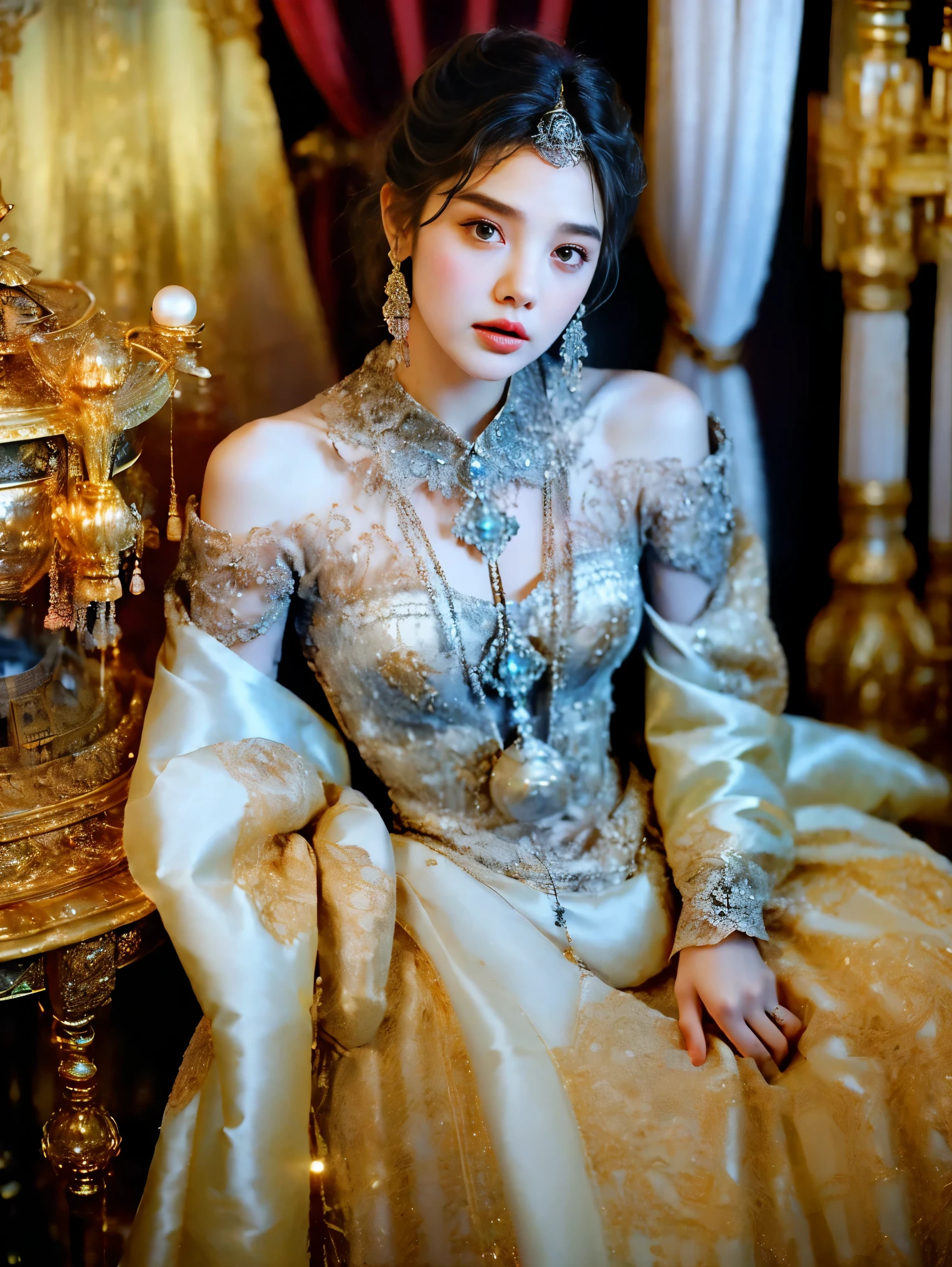 (Filigree:1.3)，(Steampunk:1.4)，1 young girl，detailed美丽的皮肤，Face focus，detailed的眼睛，Upper Body，anger，Satire，Akimbo，blaming，anger，frown，indifferent，arrogant，detailed的褶边，(Super hero)，Wet lips，gorgeous的配饰，gorgeous的配饰，silver冠，gorgeous的手镯，gorgeous的戒指，Princess，Fantasy World，palace，whole body，((miranda kerr, Gal Gadot, kendell jenner, lalisa manobal, Charlize Theron, Dakota Johnson, Emma Watson  face))，(diamond超过:1.4)，diamond，红gem，肚脐下方Tattoo，prestige，gorgeous，luxury，Royal Palace，Jewelry，gem，Money，silver，diamond，flash，蓝gem，红gem，Emerald，pearl，amber，obsidian，Nipple stickers，Tattoo，Orange Eyes，(Pelvic Curtain:1.5)，Aperture 1.4，(Length Depth:1.4), masterpiece，Best quality，detailed