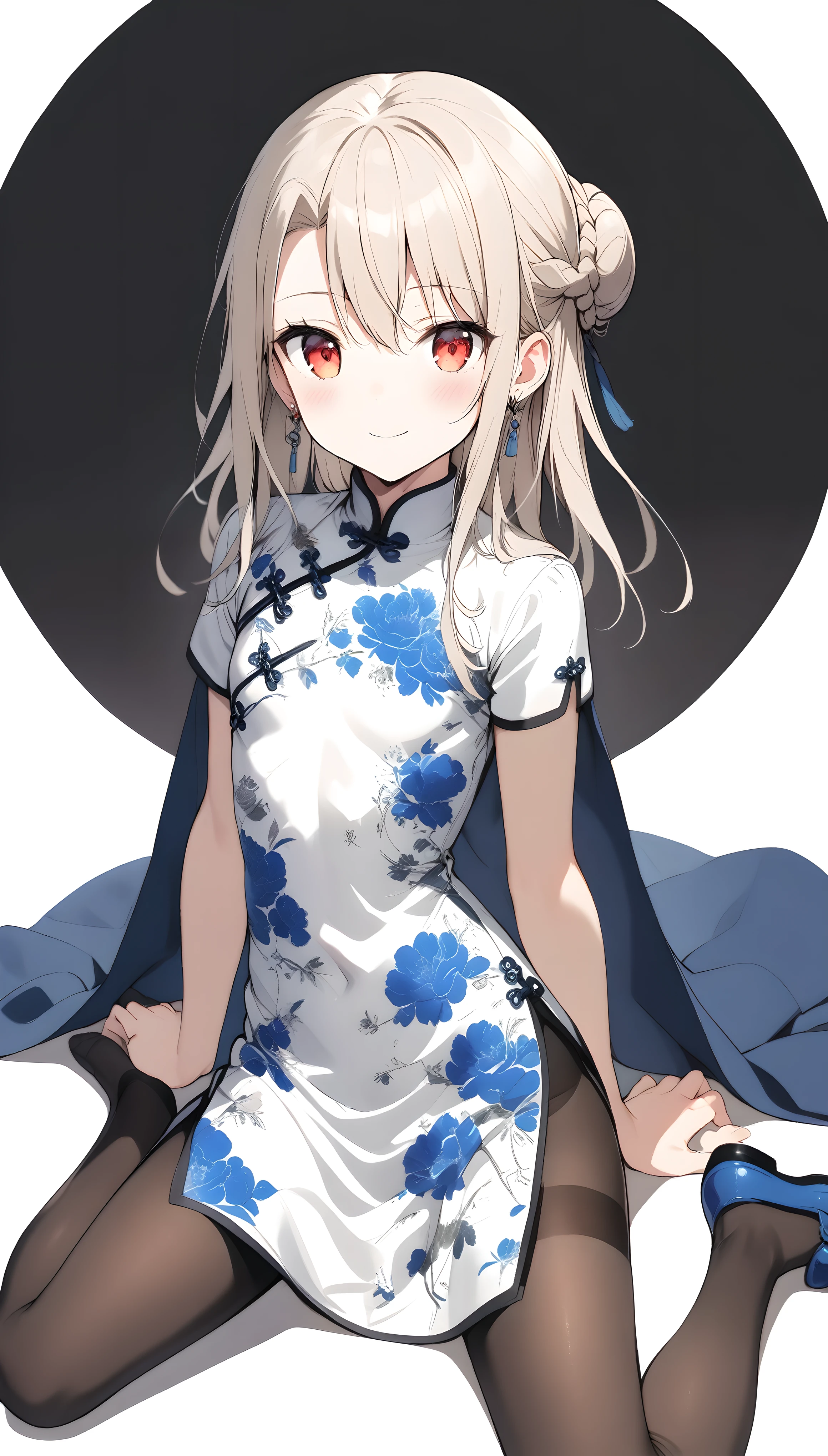 qipao,1girl,(illyasviel von einzbern),red_eyes,cream hair,(french braid),smile,blue flower,breasts,china dress,chinese clothes,dress,cape,earrings,floral print,cloth shoes,wariza,long hair,looking at viewer,pantyhose,print dress,simple background,smile,solo,white background