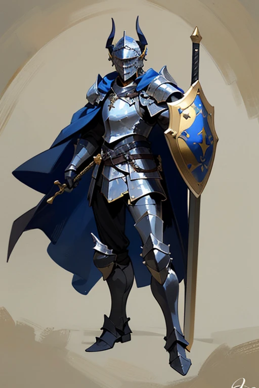 ((highest quality)), ((masterpiece)), (Familiar), One man,Fantasy,((Black Knight)),Full Body Armor,Full-face helmet,Two-horned helmet,((Black armor)),sword,((Black Armor)),Golden decoration,White pattern,sword,Cape,shield