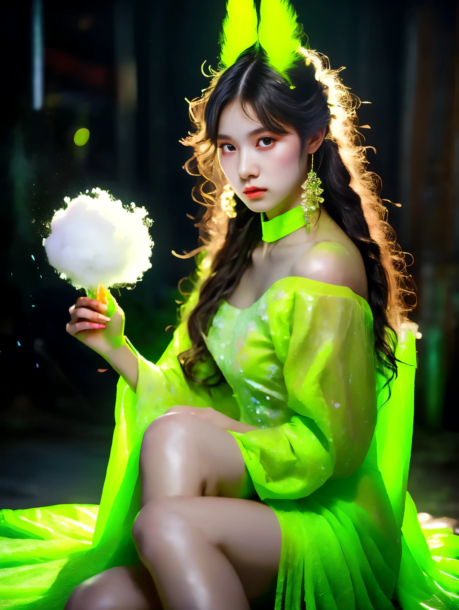 Asian Bunny Girl, Wearing a fluorescent green dress, Liquid texture, Cyberpunk, Final Fantasy Style, Exquisite facial features, Holding cotton candy，(knee shot:1.5)，masterpiece，best quality，high resolution，8k，original photo，real picture，Digital Photography，(Ultra HD, Anatomically correct, textured skin, precise, The award-winning), 1lltnh1