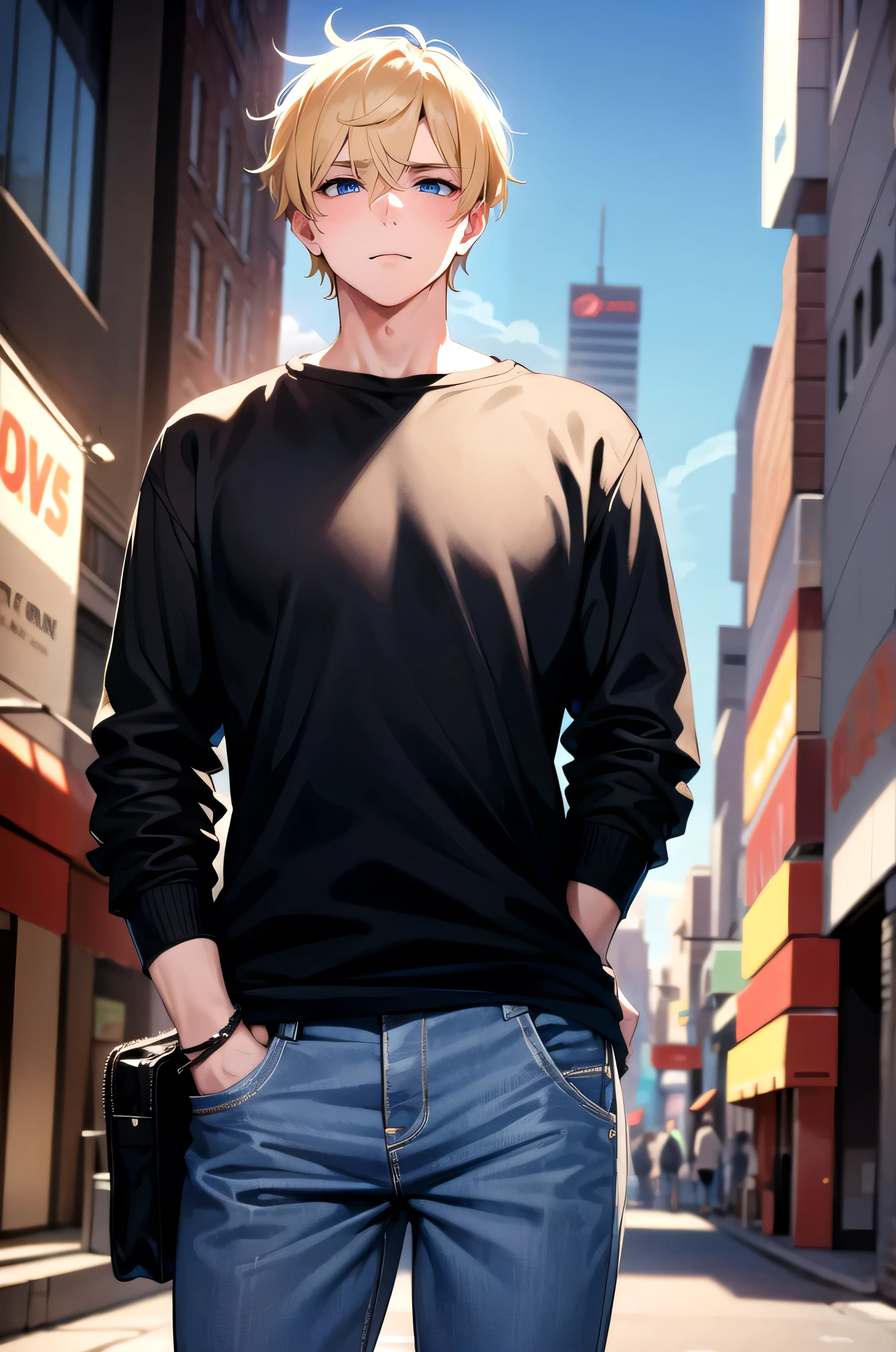 Blonde boy with blue eyes. Looking at the viewer. Masterpiece. Perfect light. Perfect colors. Manly. Casual and modern clothing. city background. black clothes